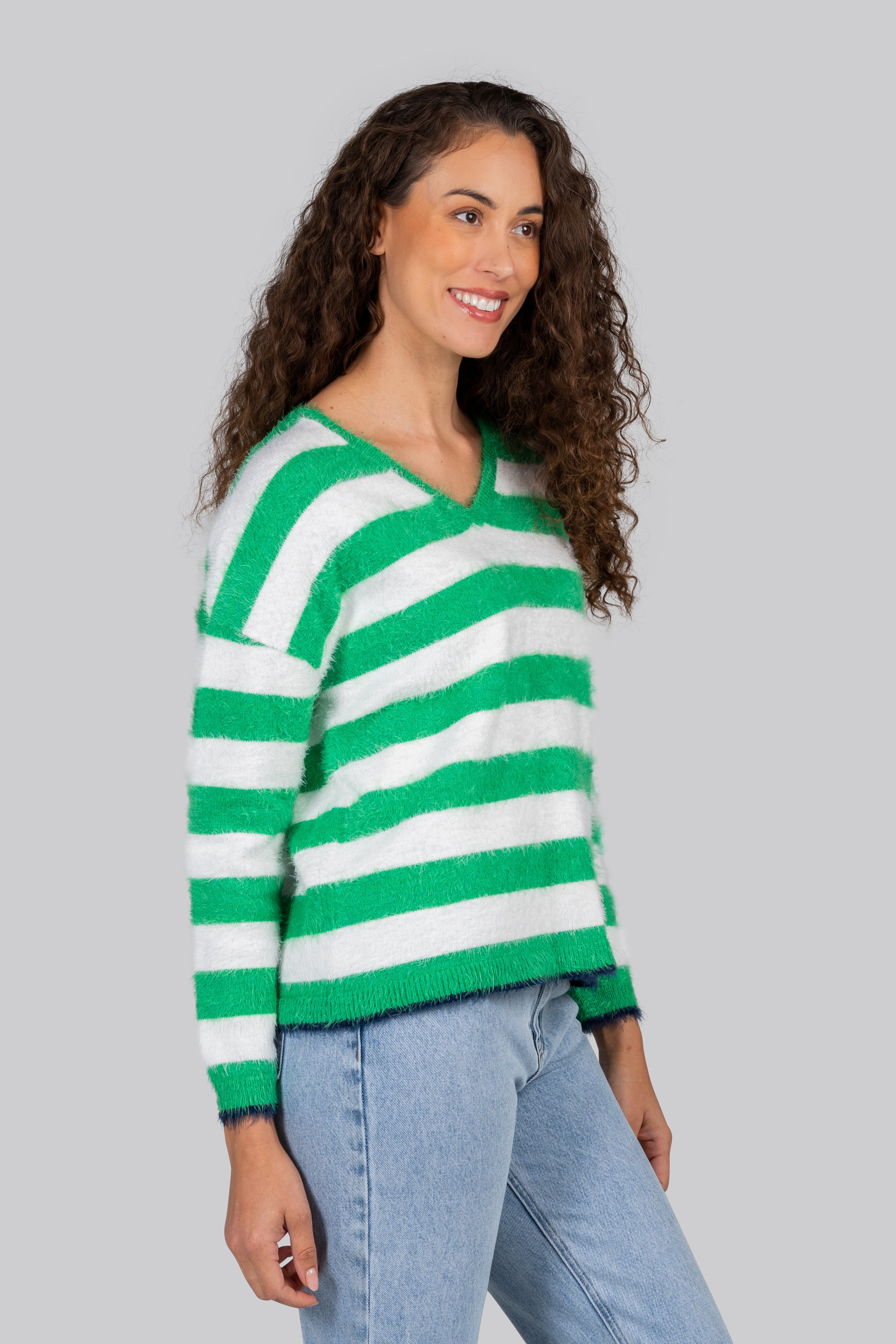 Kaleido Stripe V-Neck Sweater - Palm Green/White