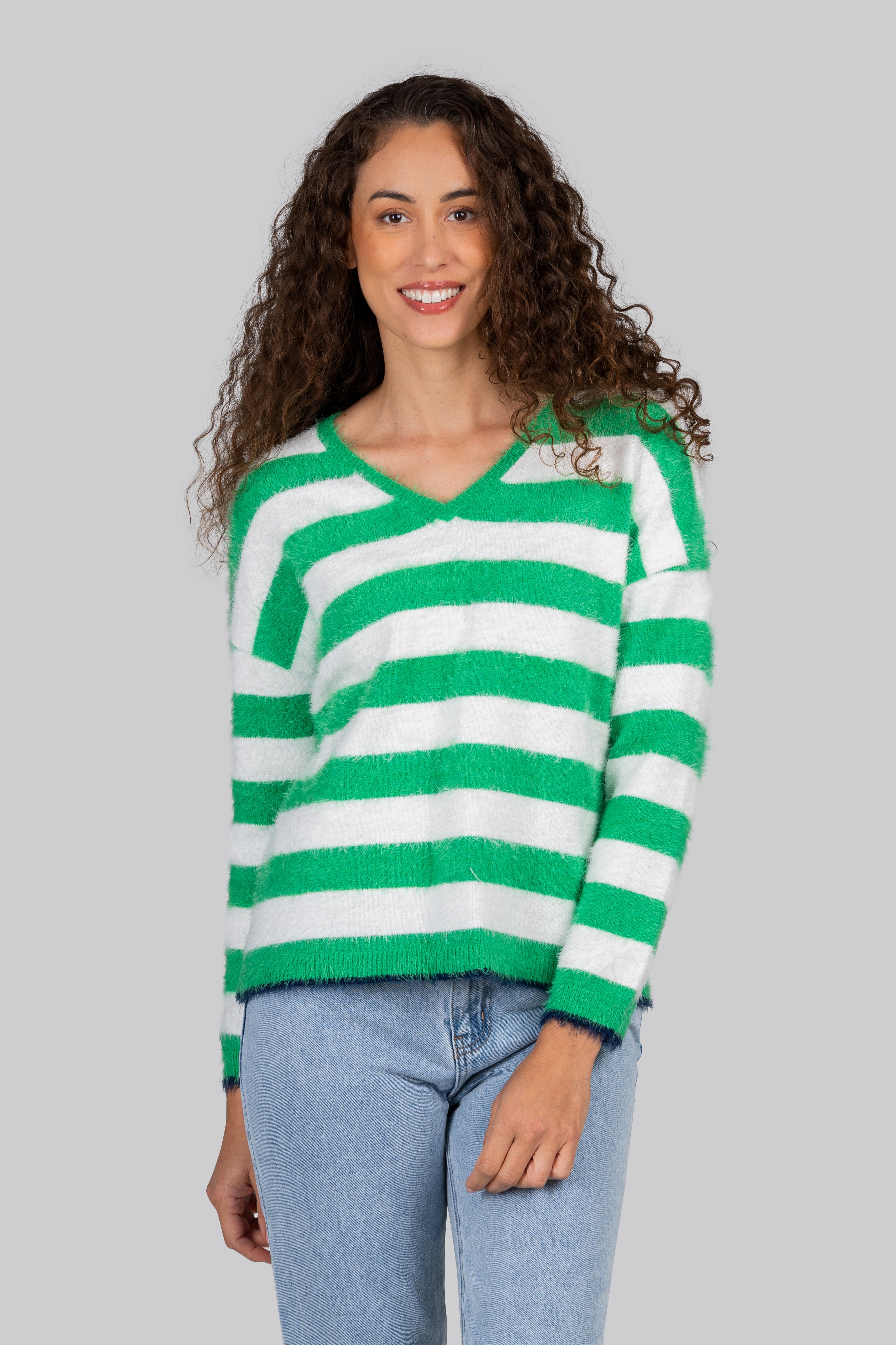Kaleido Stripe V-Neck Sweater - Palm Green/White