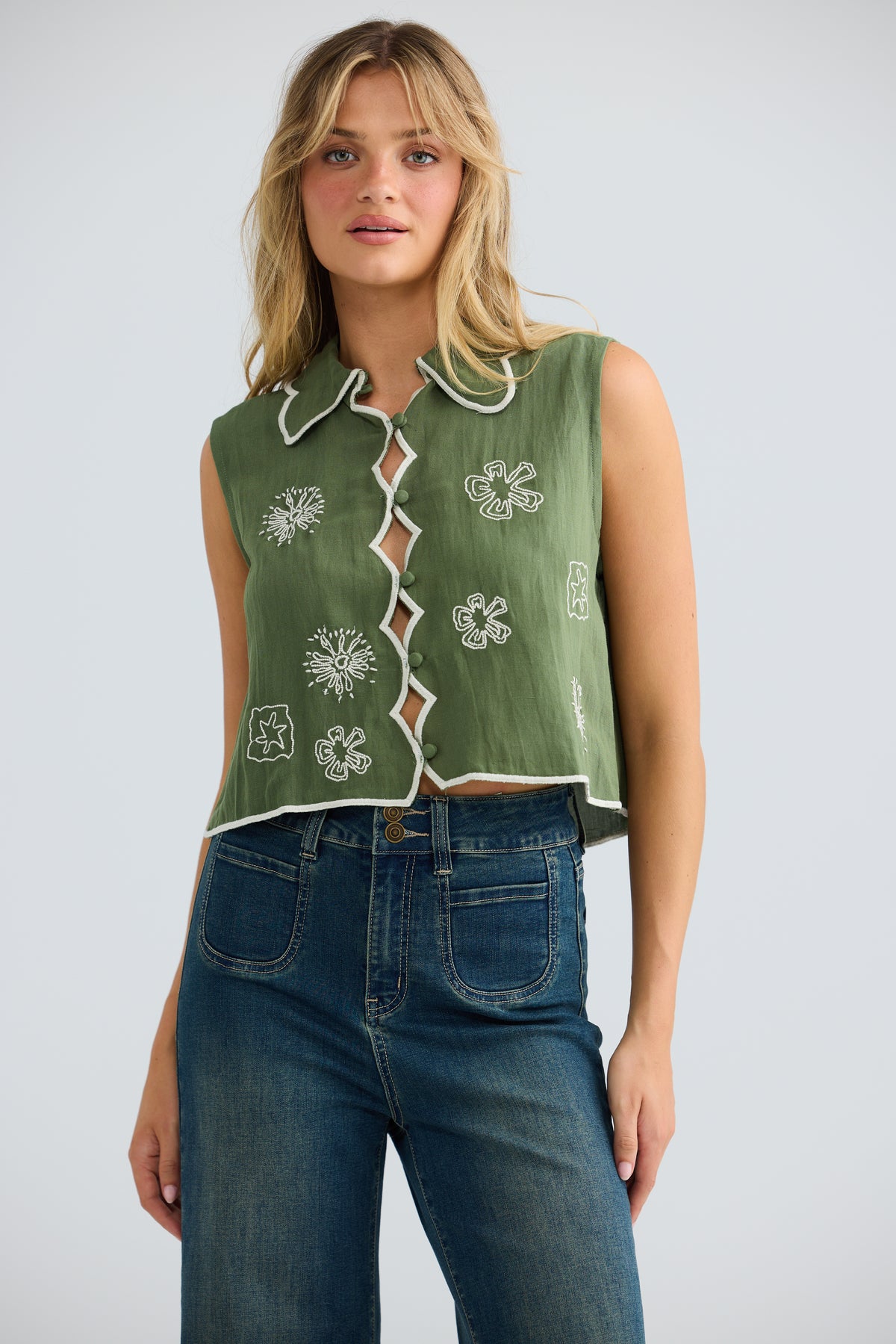 Talisman Sombra Top - Olive/Off White Embroidery