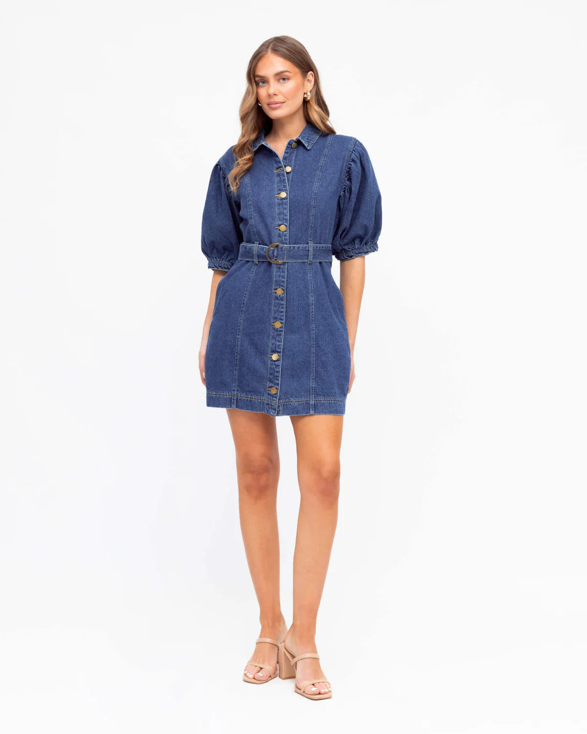 White Closet Puff Sleeve Collared Denim Mini Dress - Mid Blue