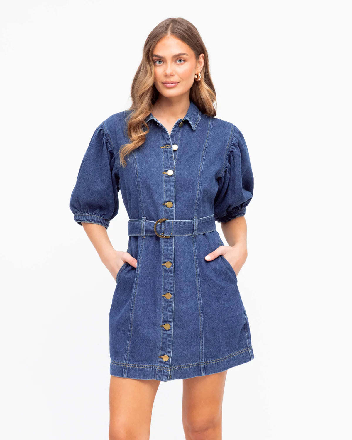 White Closet Puff Sleeve Collared Denim Mini Dress - Mid Blue