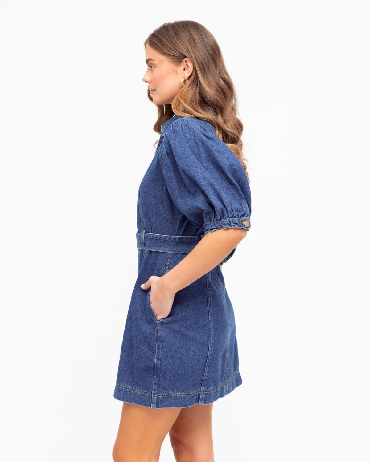 White Closet Puff Sleeve Collared Denim Mini Dress - Mid Blue