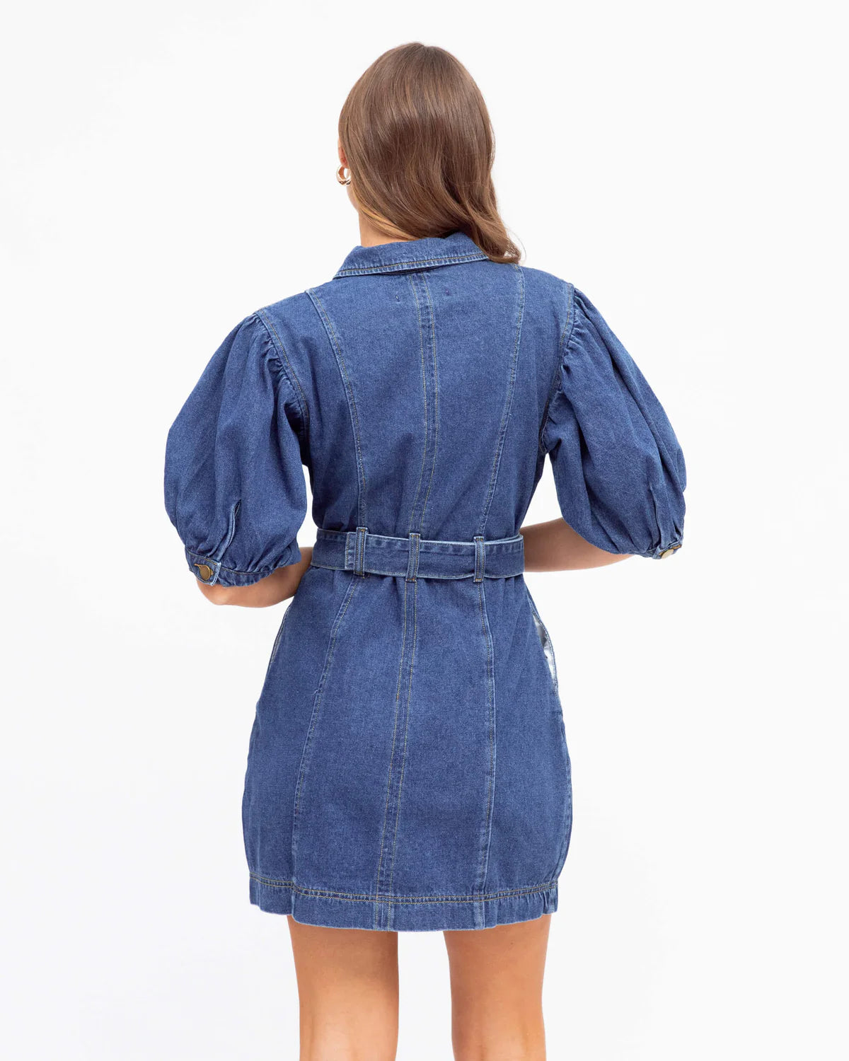 White Closet Puff Sleeve Collared Denim Mini Dress - Mid Blue