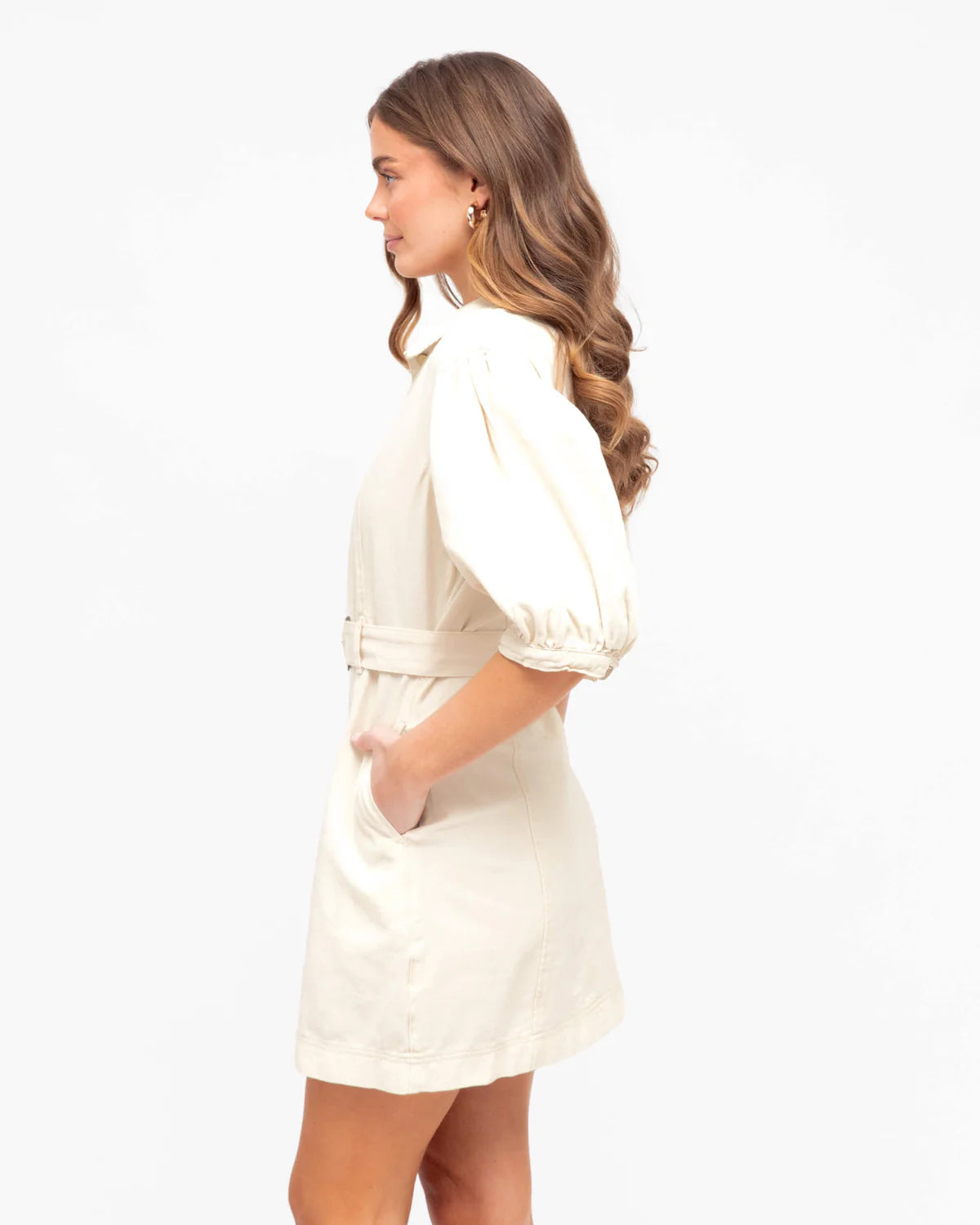 White Closet Puff Sleeve Collared Denim Mini Dress - Sand