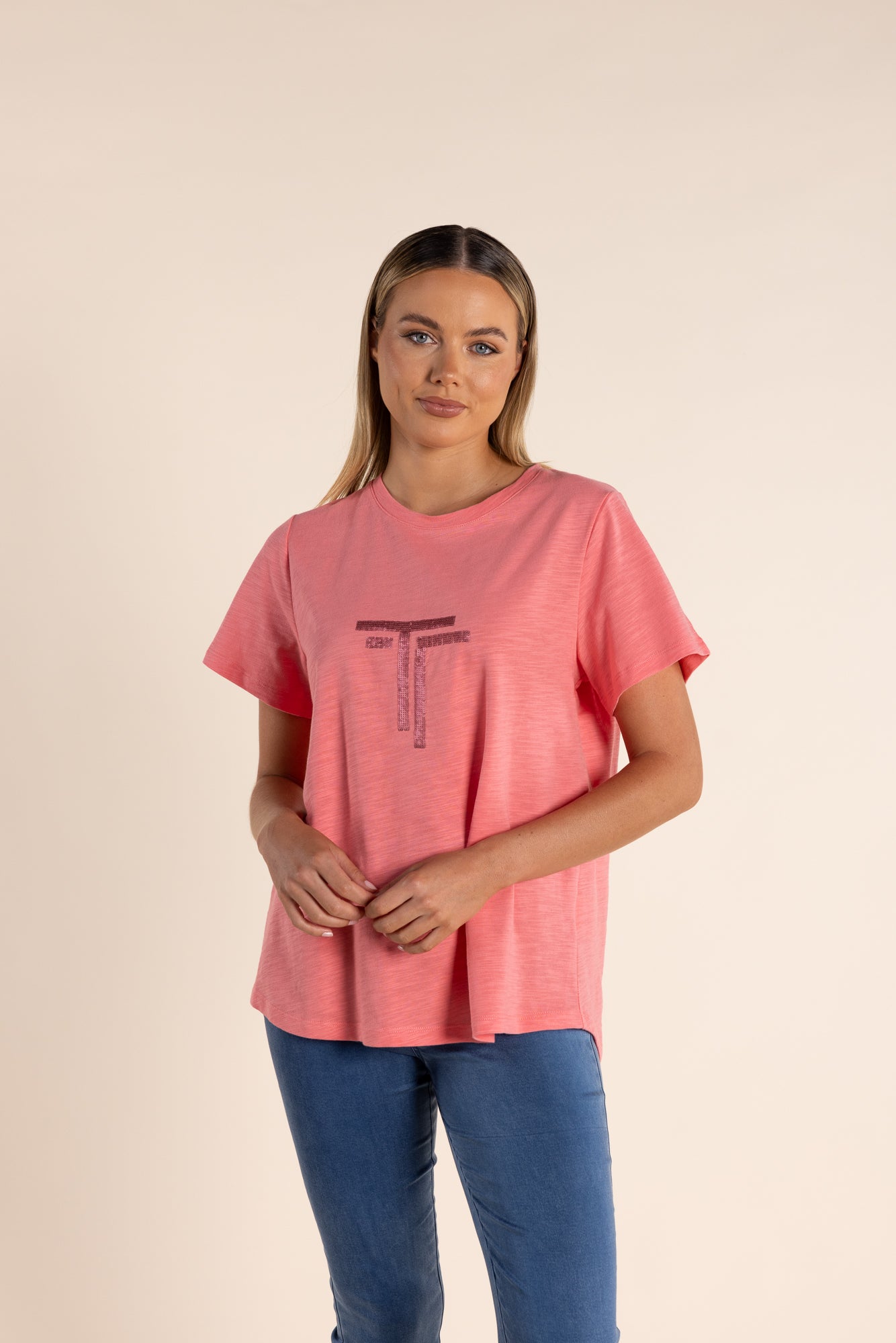 Two T's Logo Sequin Crew Neck T-Shirt - Coral