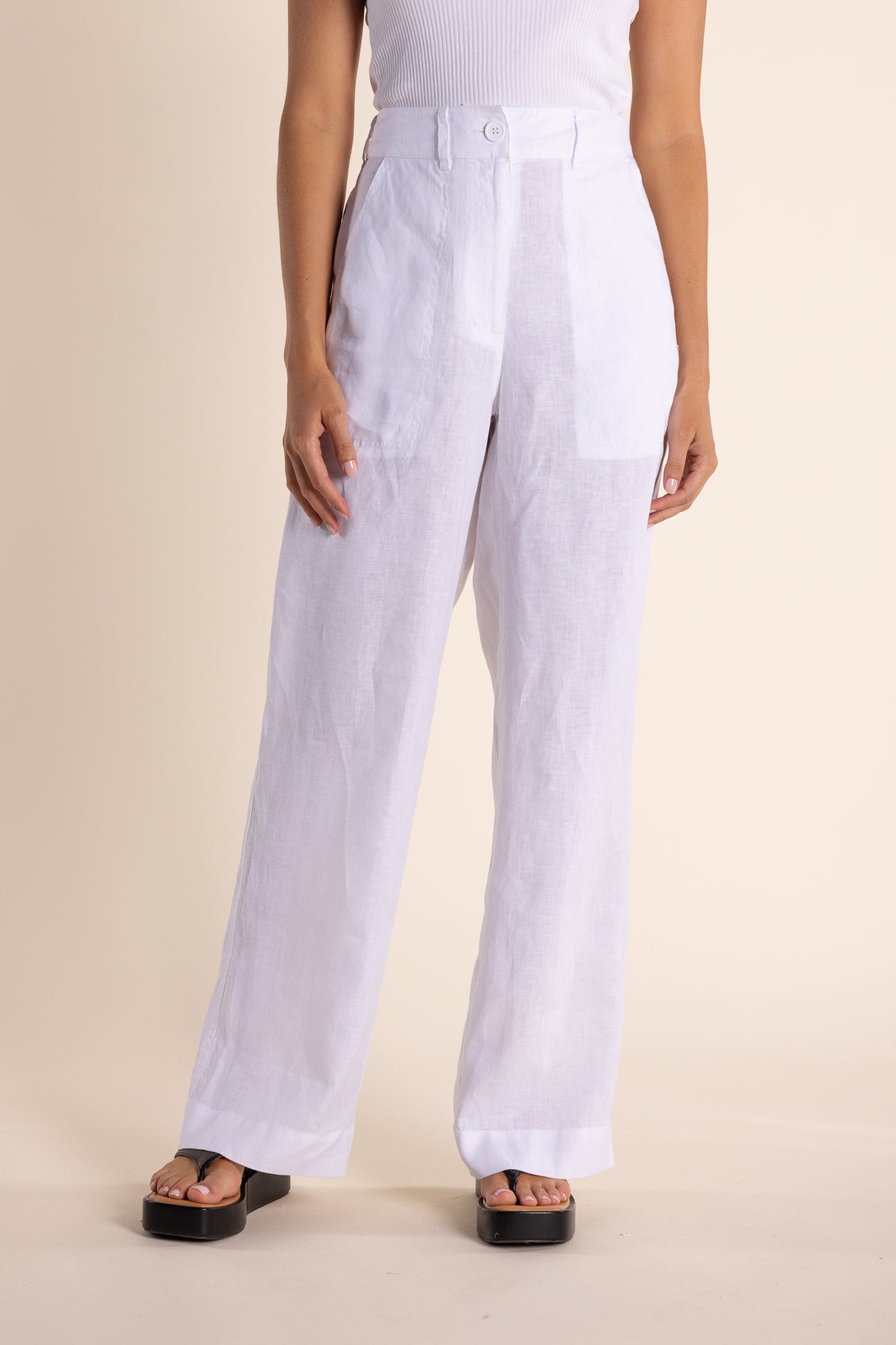 Two T's Linen Wide Leg Pant - White