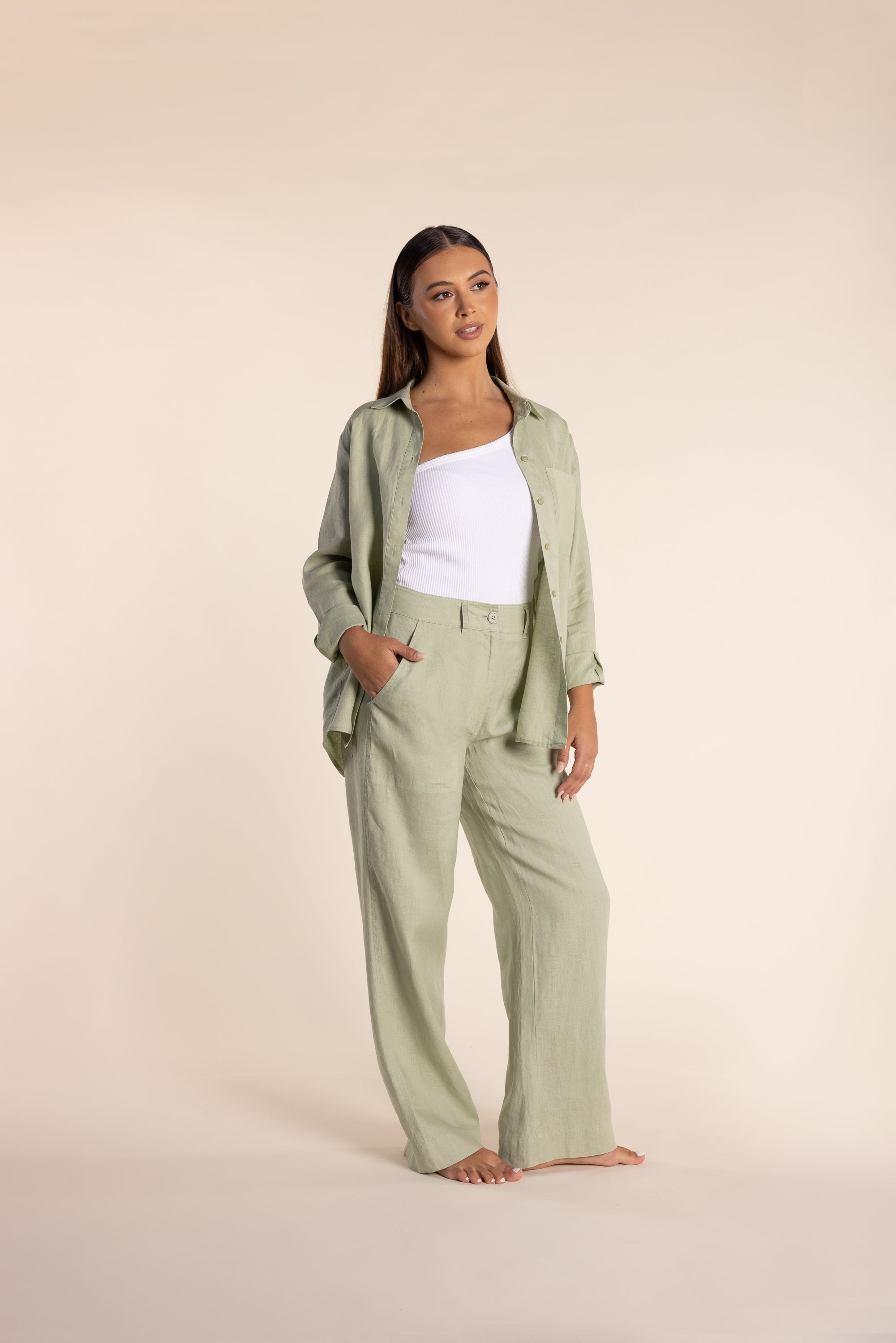 Two T's Linen Wide Leg Pant - Avocado