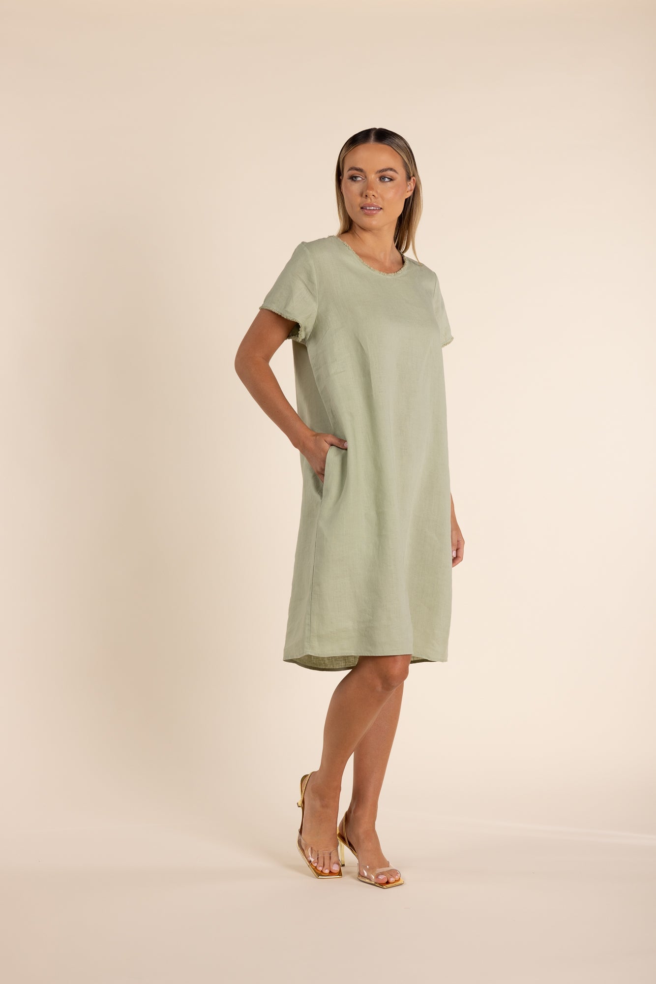 Two T's Linen dress with trim detail - Avocado