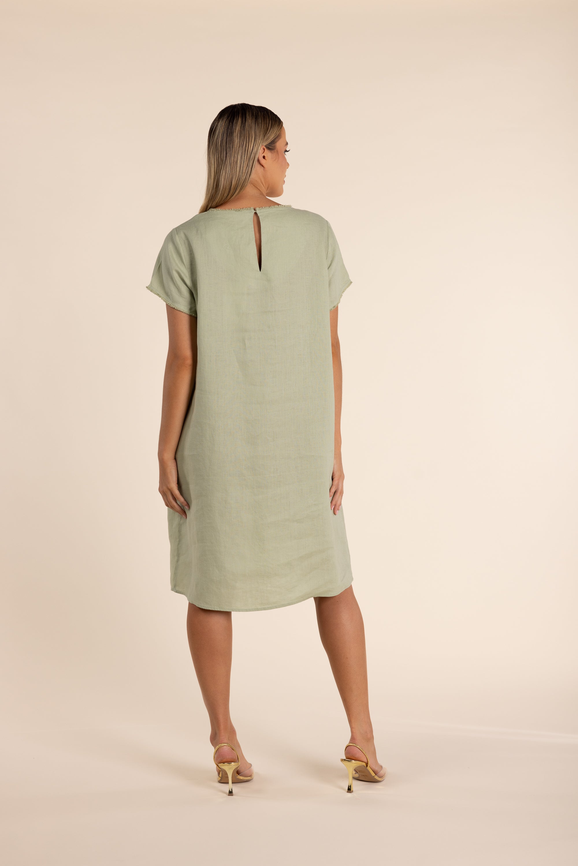 Two T's Linen dress with trim detail - Avocado