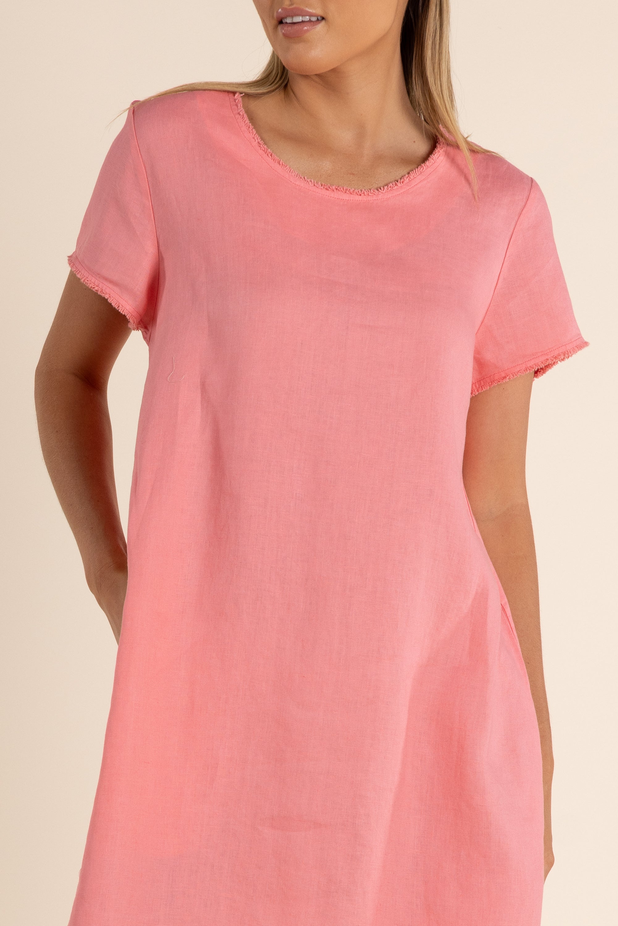 Two T's Linen dress with trim detail - Coral Pink