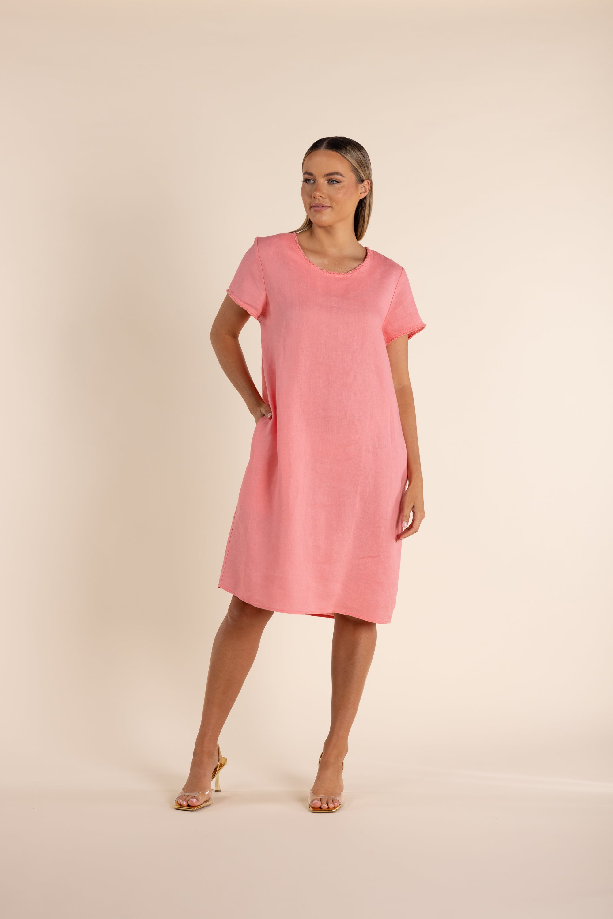 Two T's Linen dress with trim detail - Coral Pink