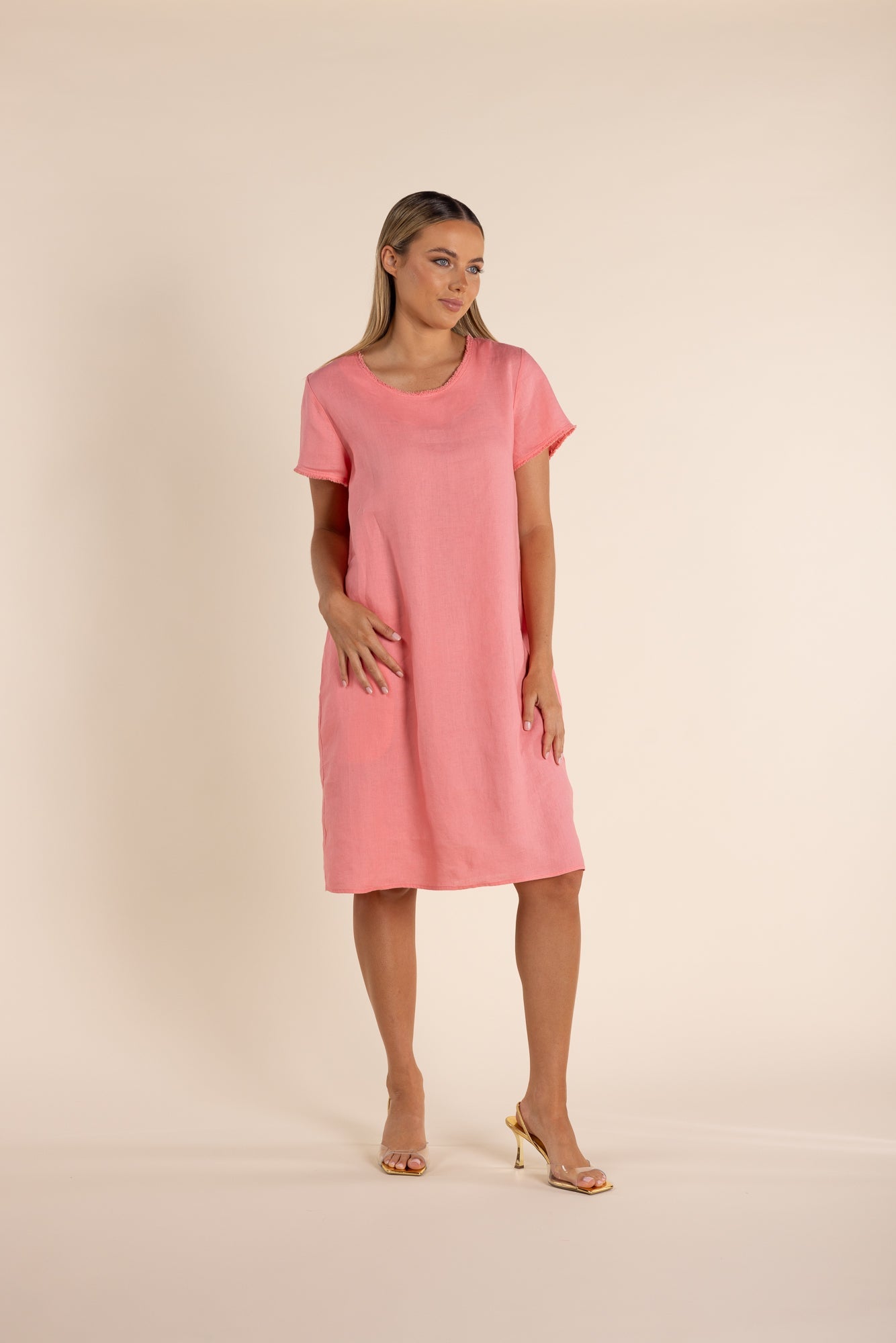 Two T's Linen dress with trim detail - Coral Pink