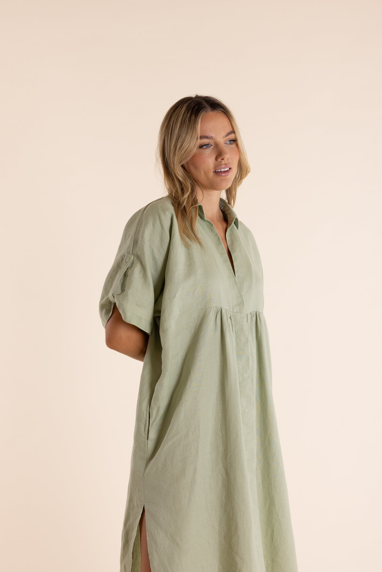 Two T's Linen Dropped Shoulder Midi Dress - Avocado