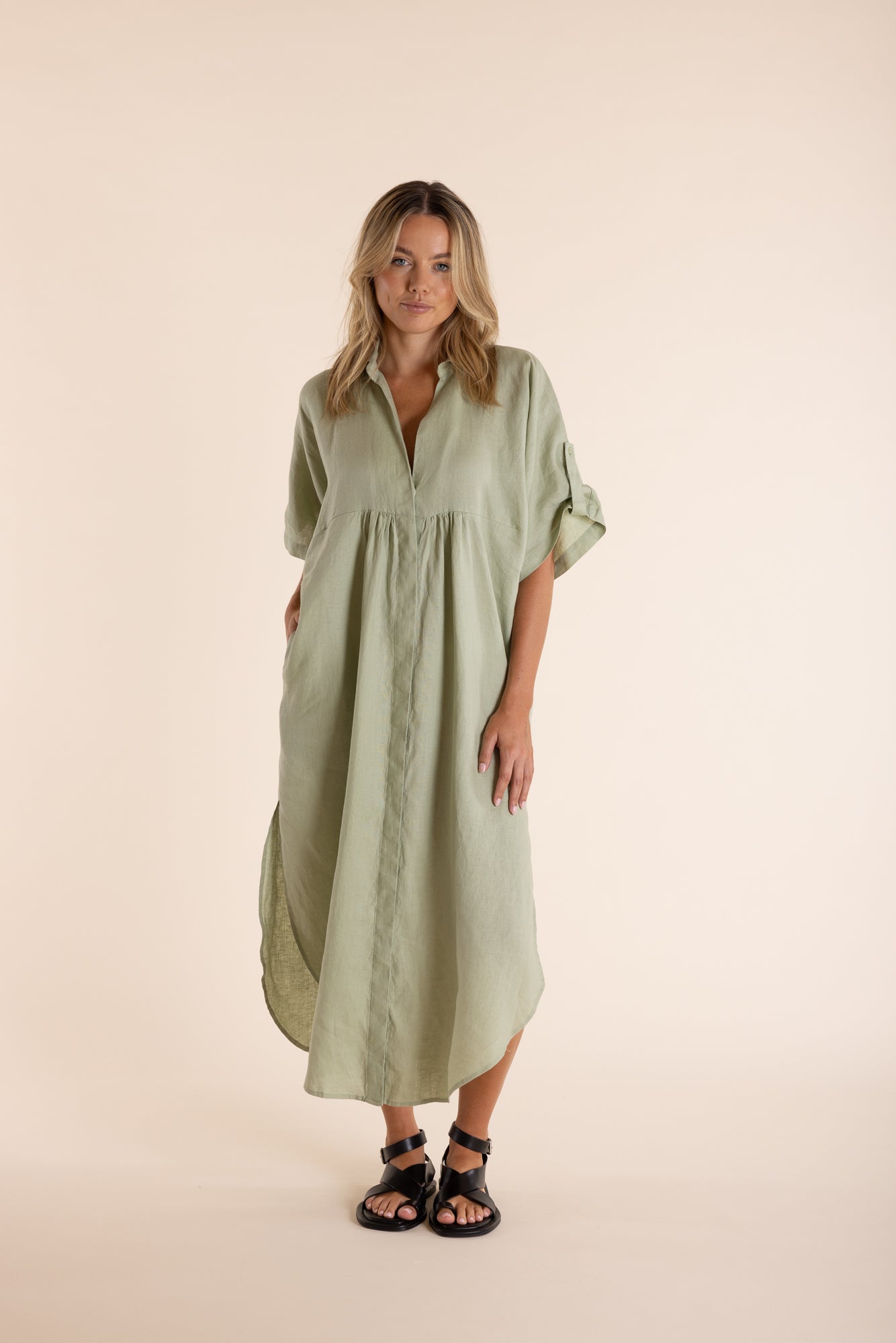 Two T's Linen Dropped Shoulder Midi Dress - Avocado