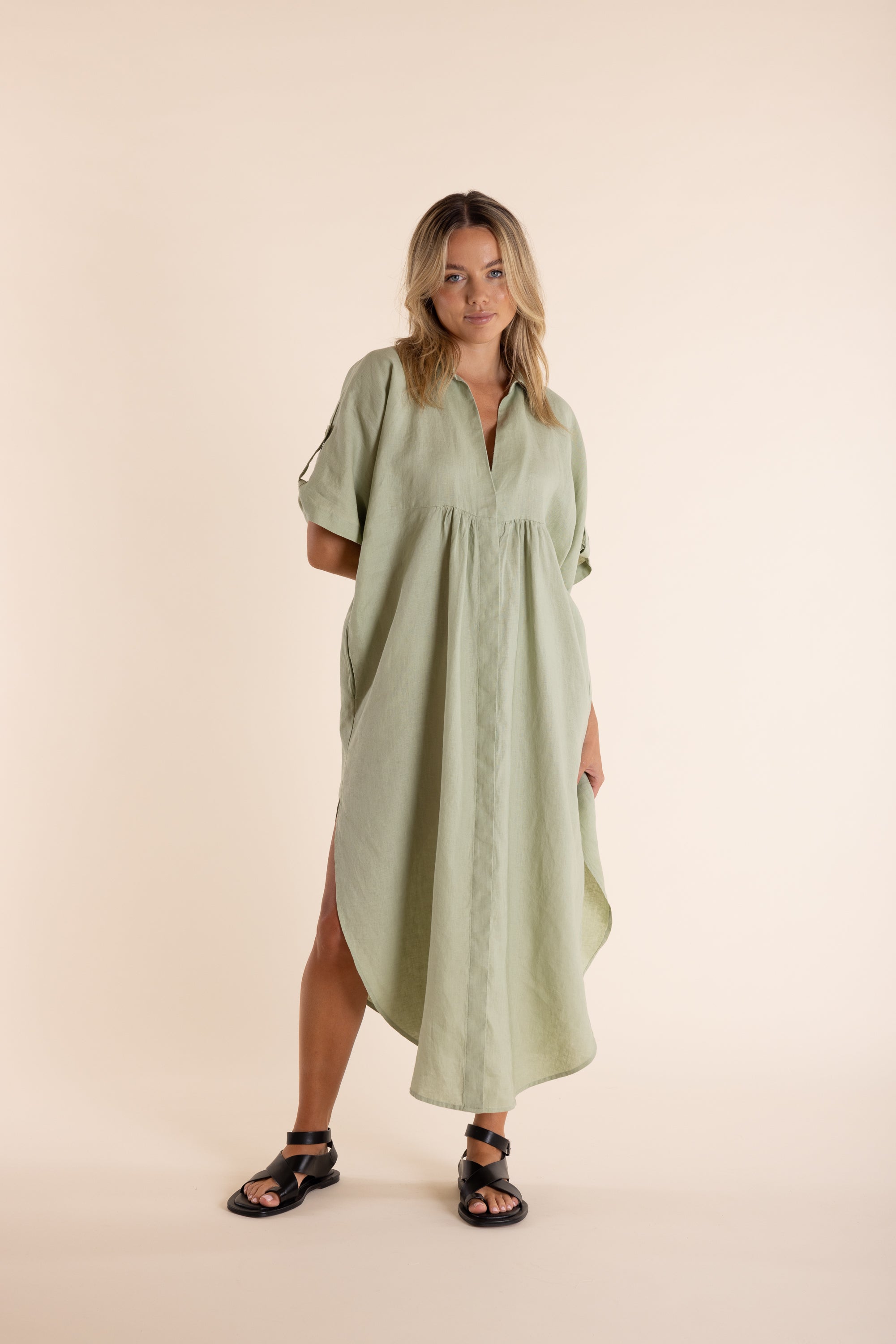 Two T's Linen Dropped Shoulder Midi Dress - Avocado