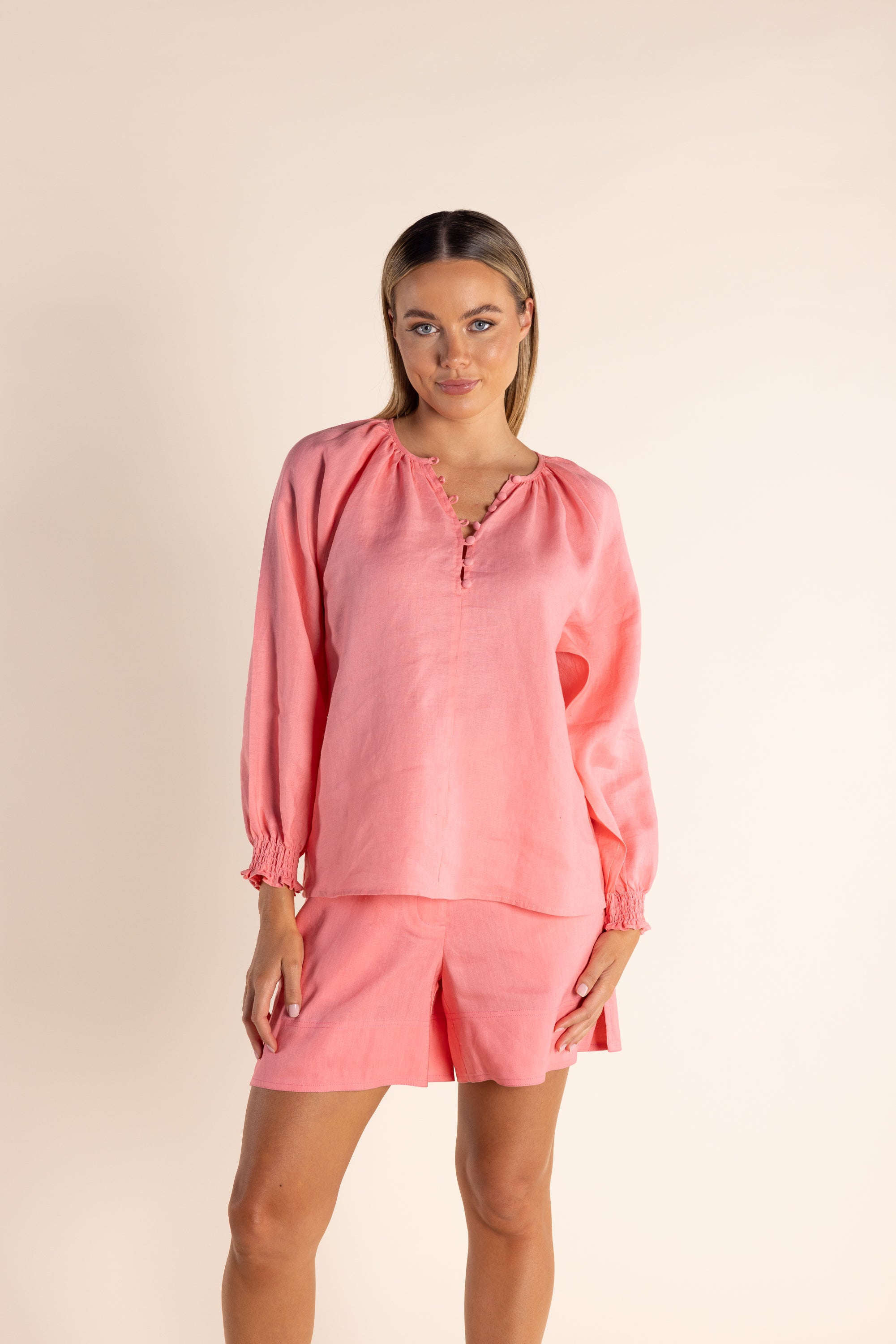 Two T's Linen Button Front Top - Coral