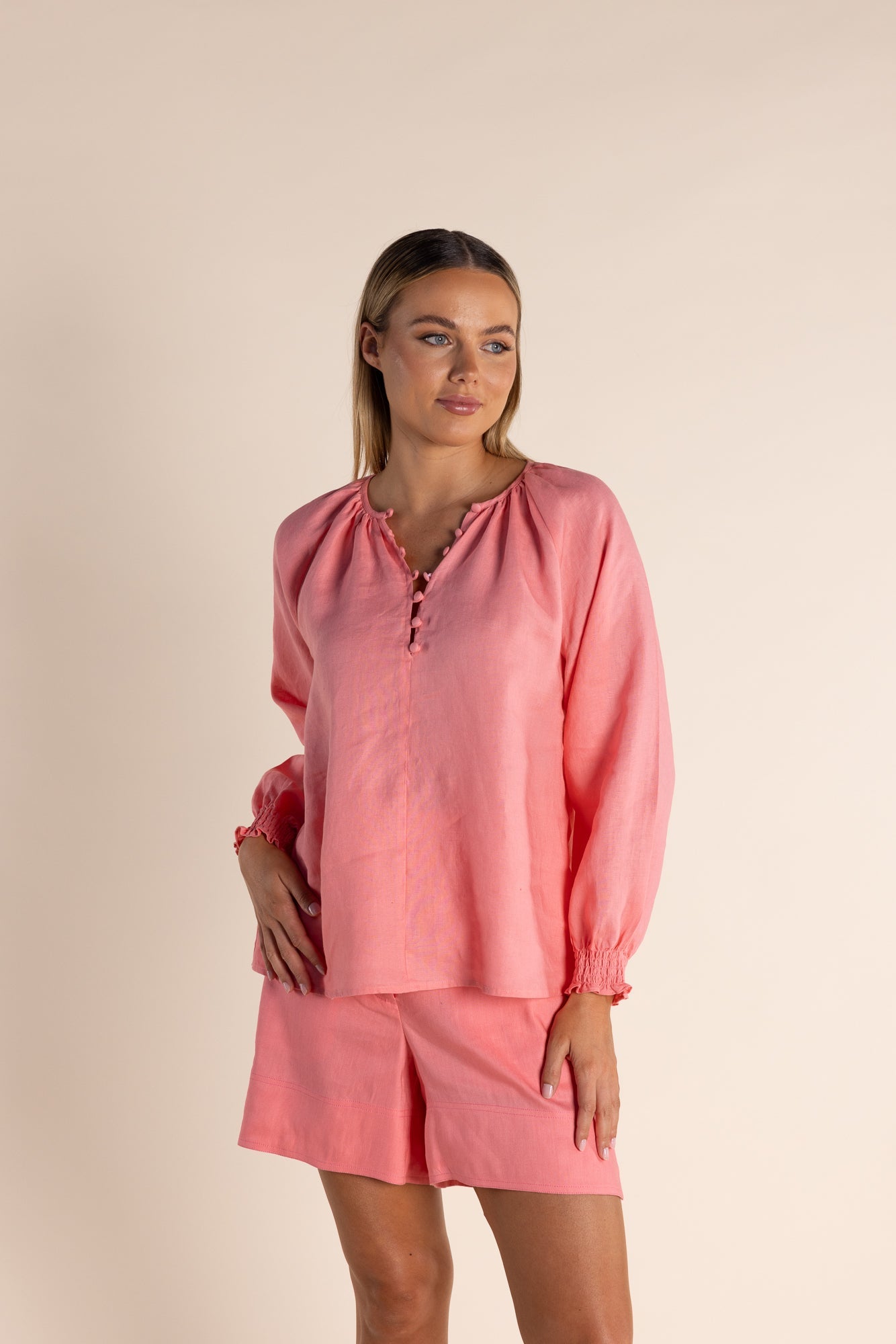 Two T's Linen Button Front Top - Coral