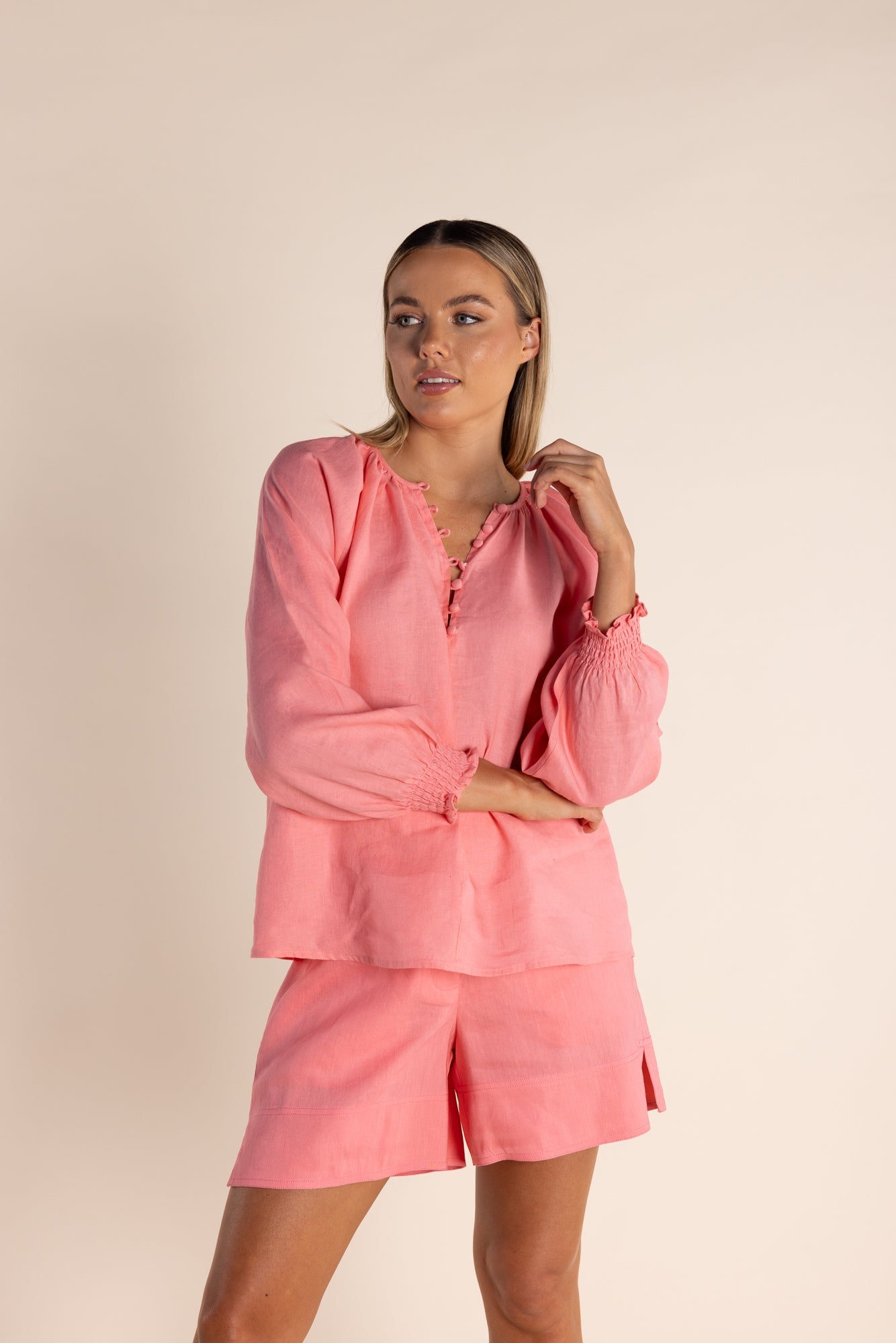 Two T's Linen Button Front Top - Coral