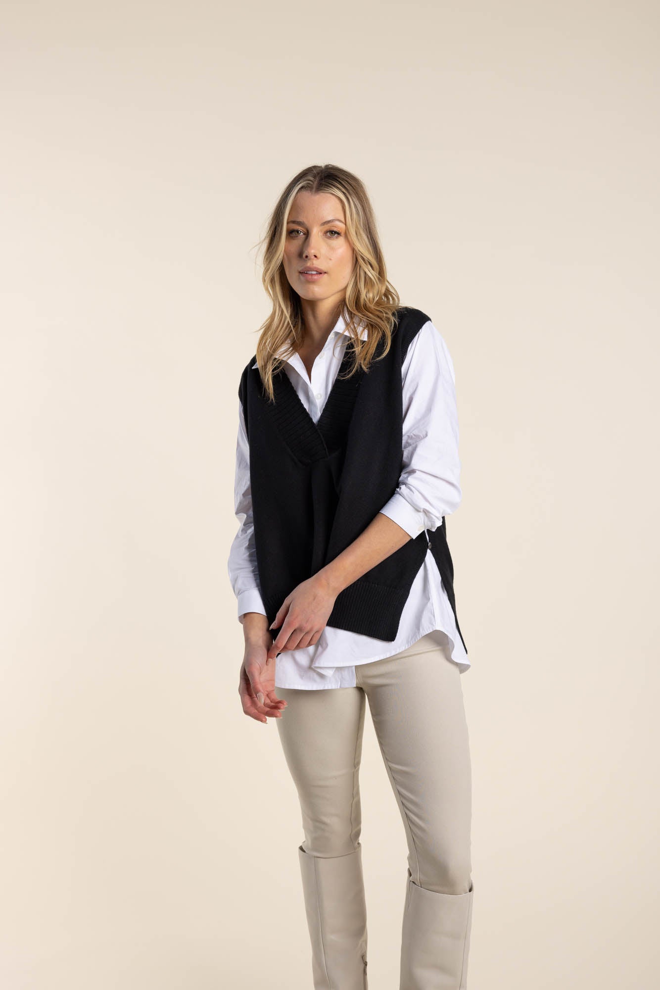 Two T's V Neck Vest with side Buttons - Black
