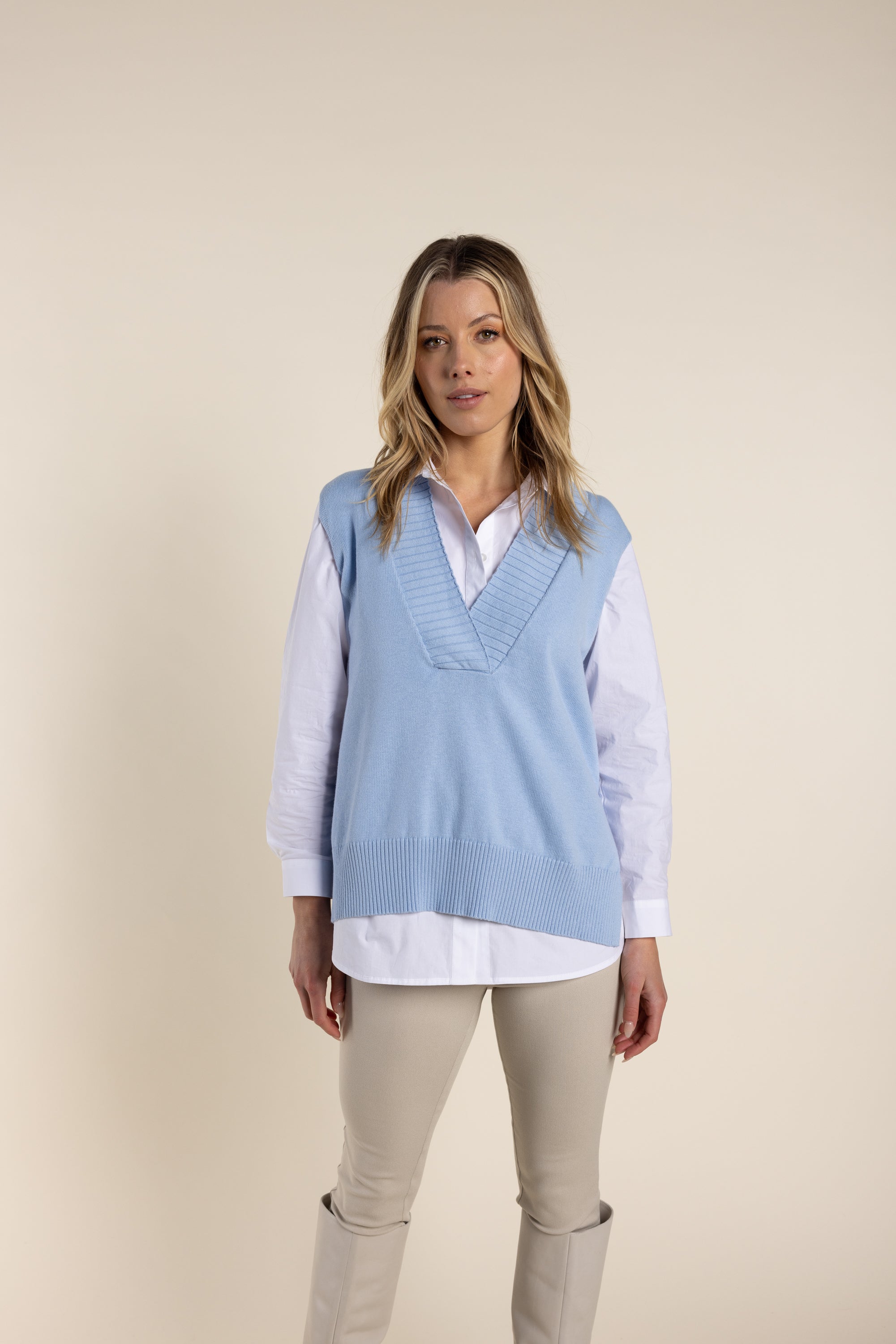 Two T's V Neck Vest with side Buttons - Cornflower