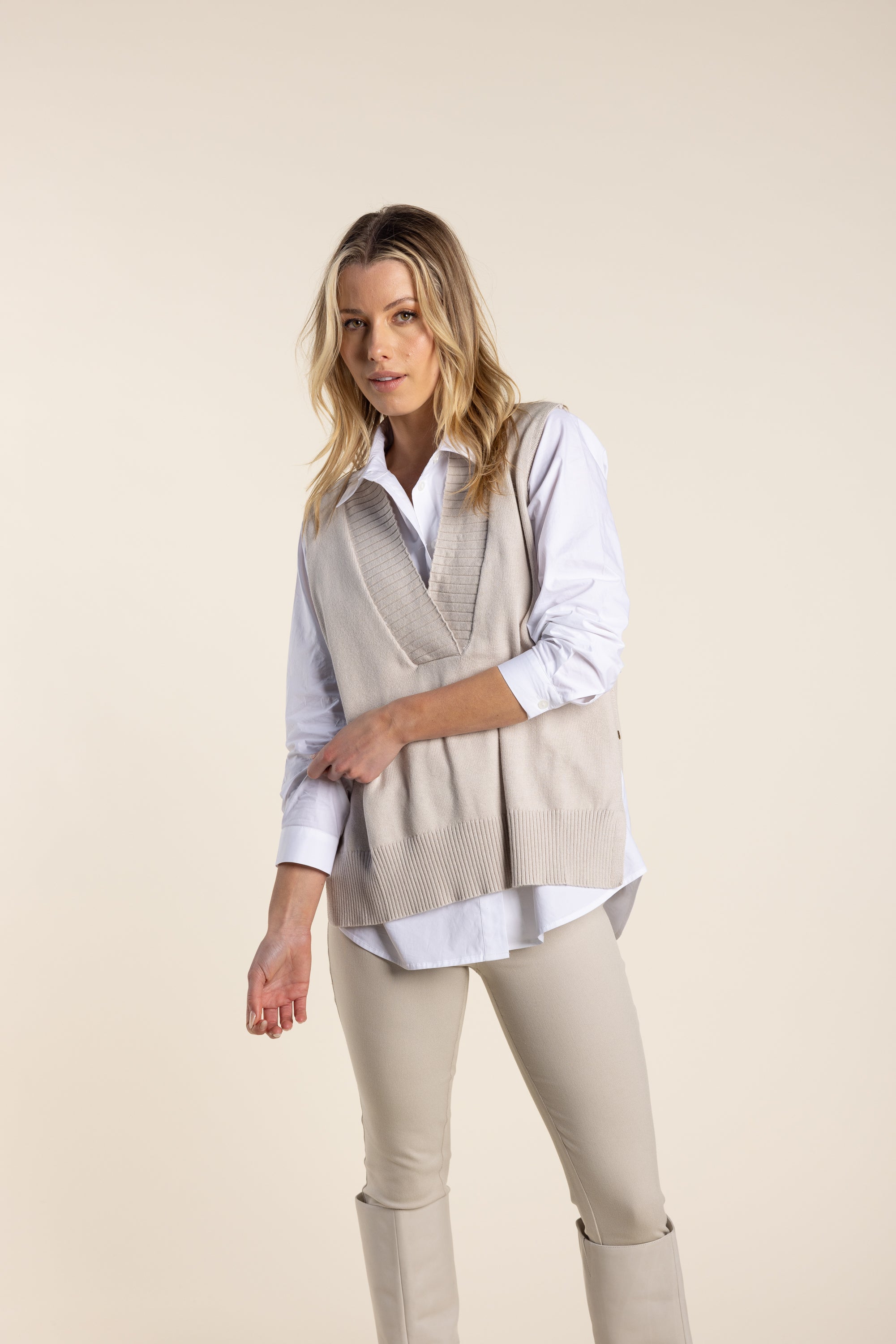 Two T's V Neck Vest with side Buttons - Natural