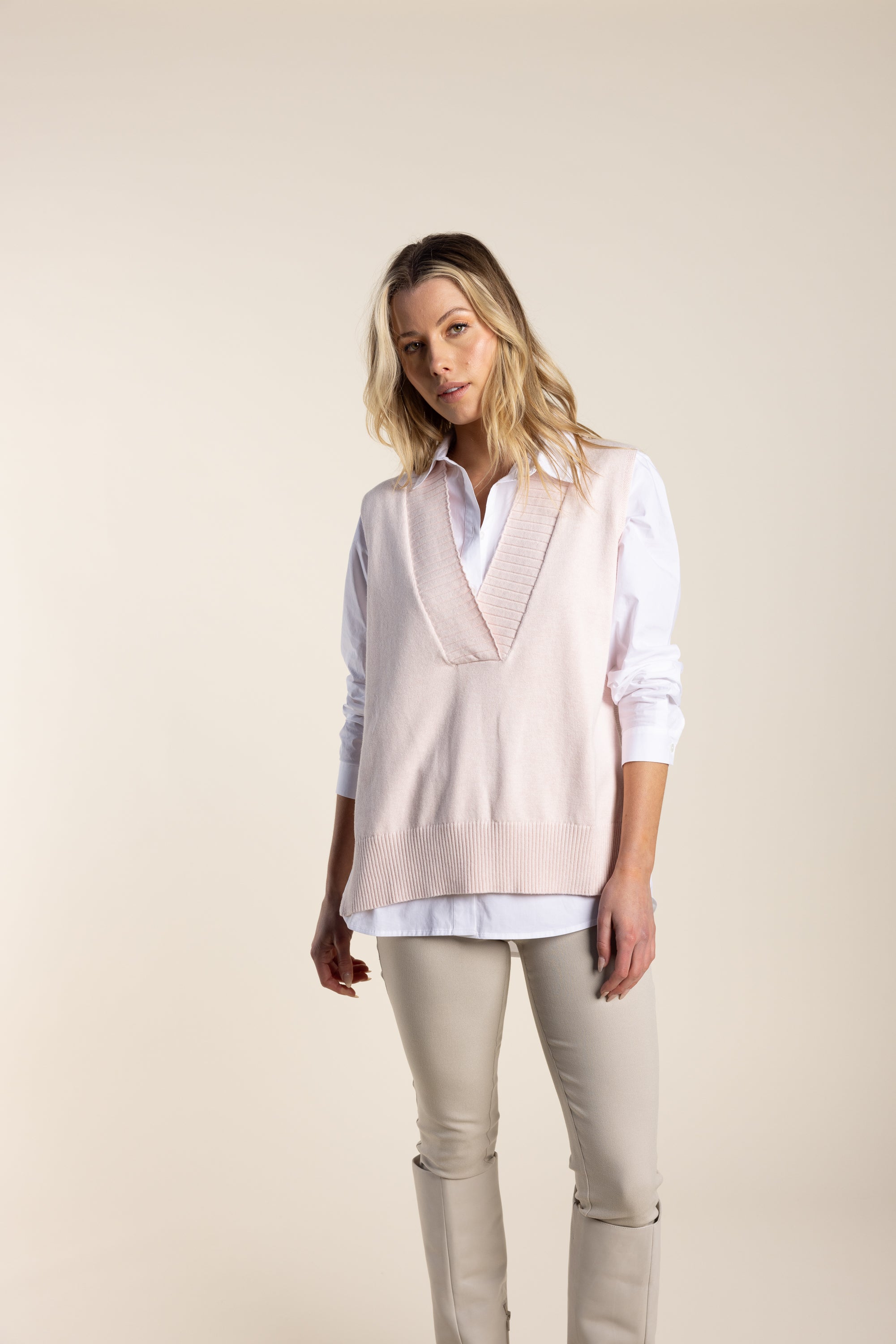 Two T's V Neck Vest with side Buttons - Pale Pink