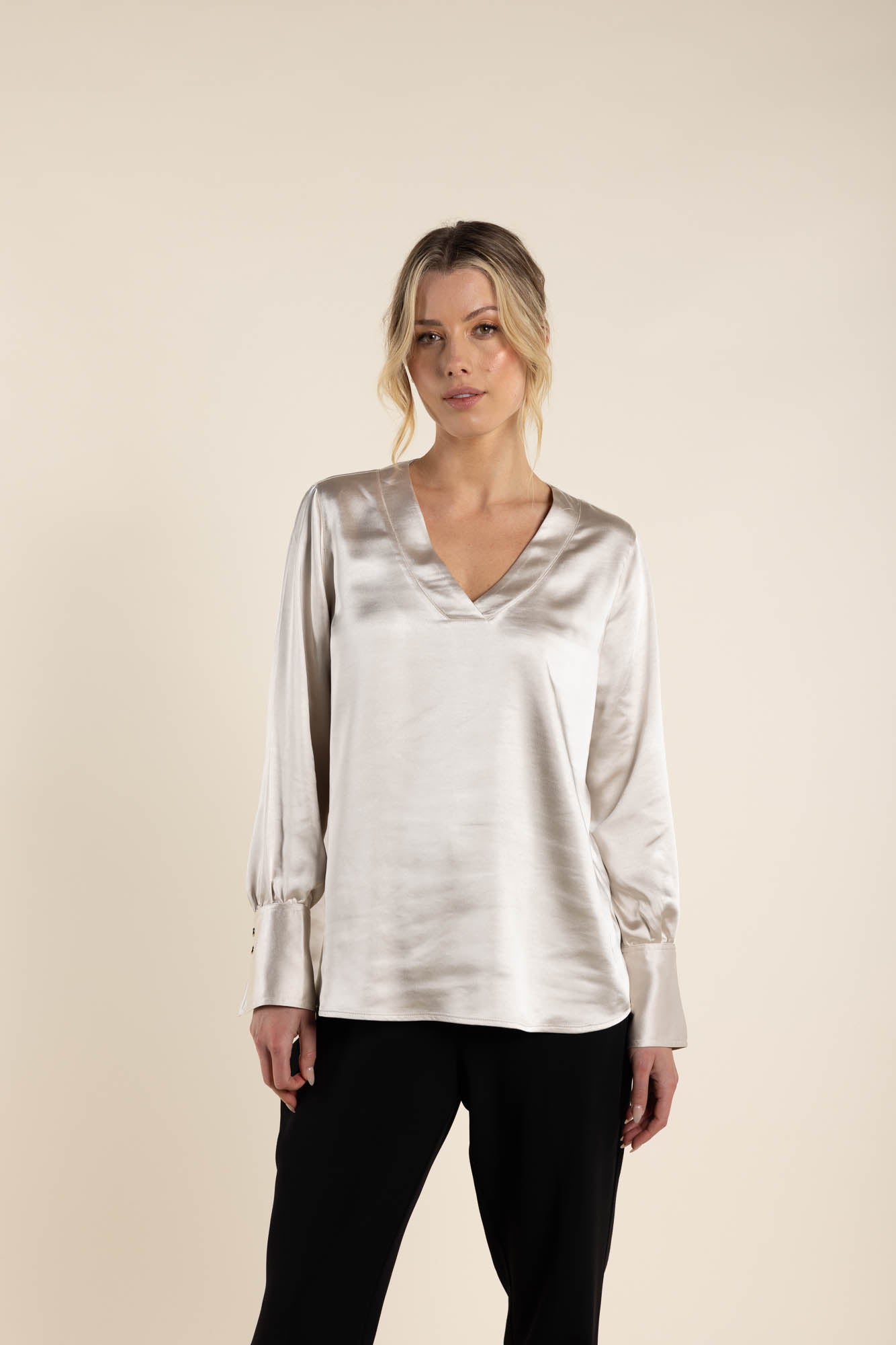 Two T's Satin V Neck Top - Natural
