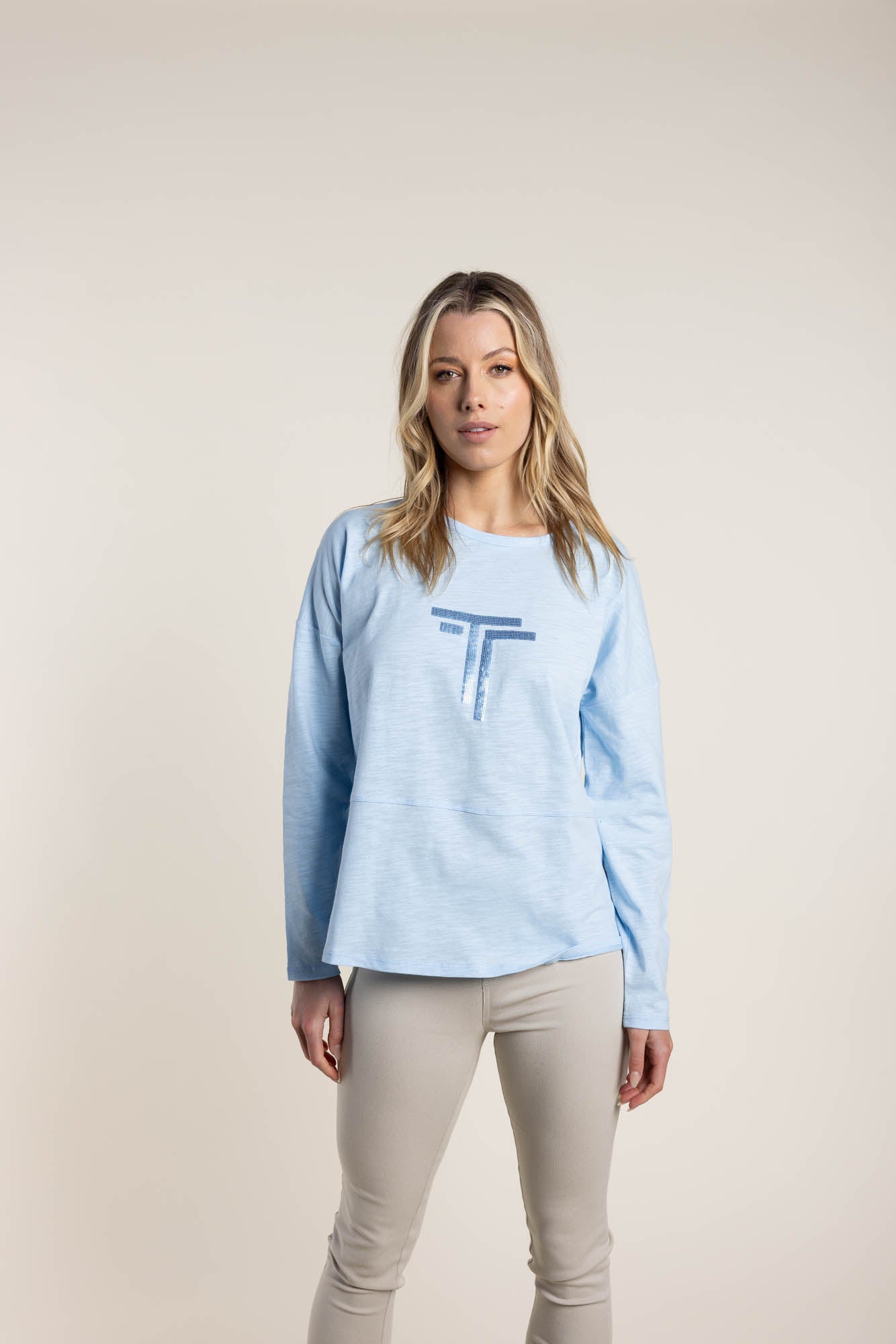 Two T's Logo Sequin Long Sleeve Tee - Ice Blue
