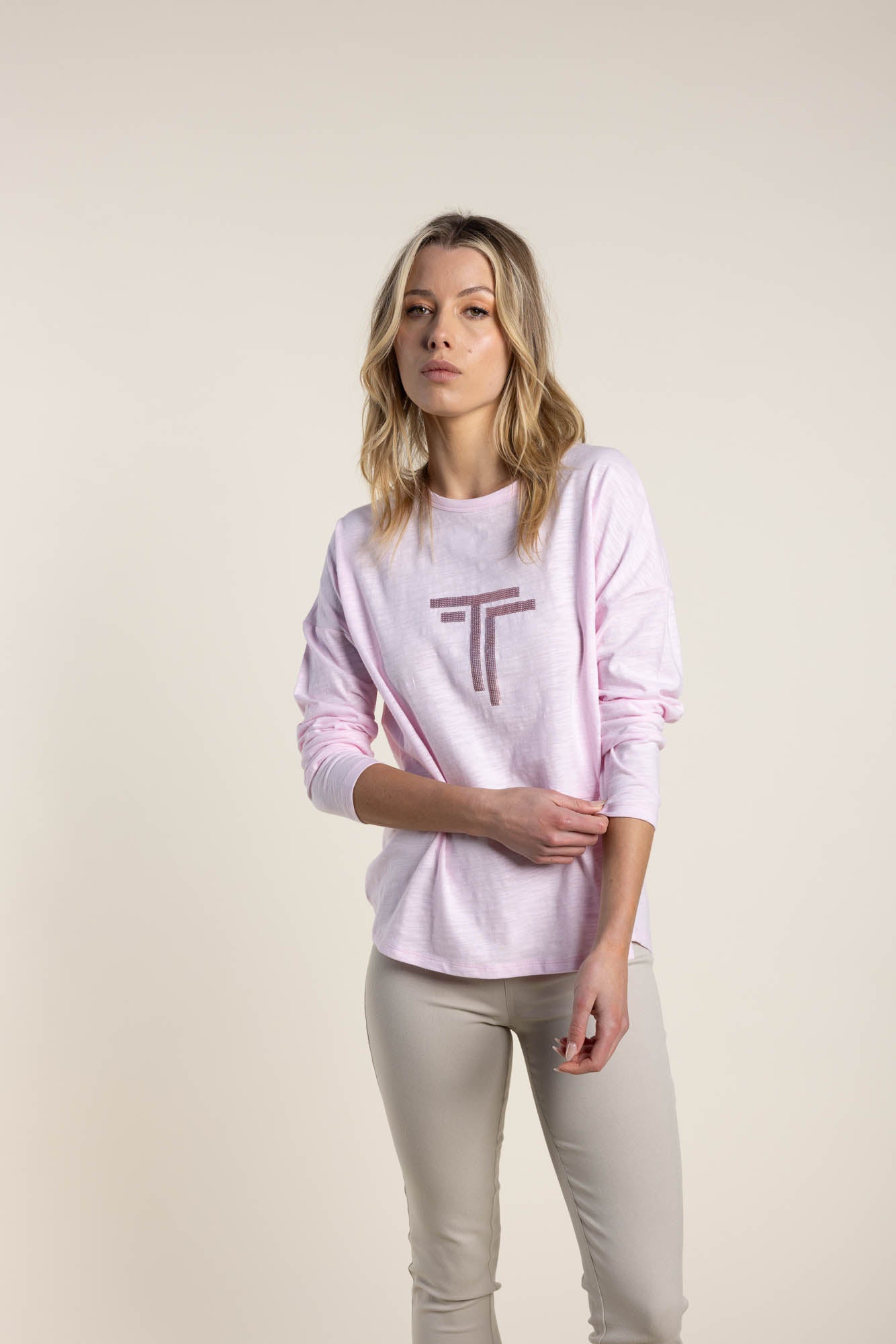 Two T's Logo Sequin Long Sleeve Tee - Pale Pink