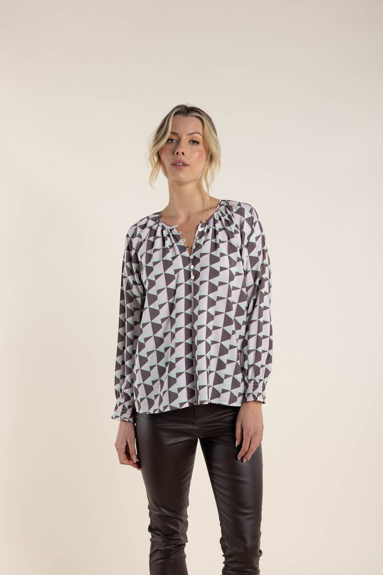 Two T's Triangle Print Top - Clove