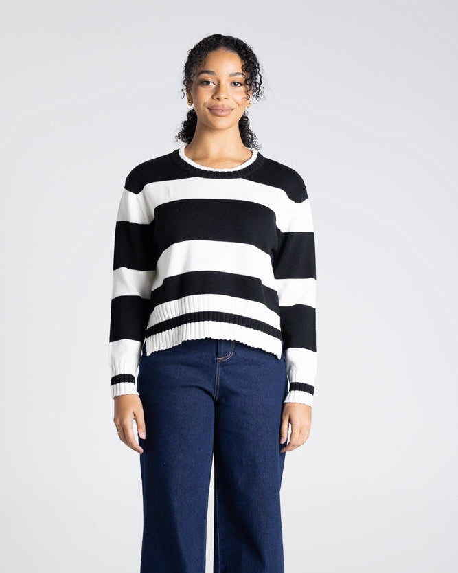 Two T's Dropped Shoulder Stripe Crew - Black/White