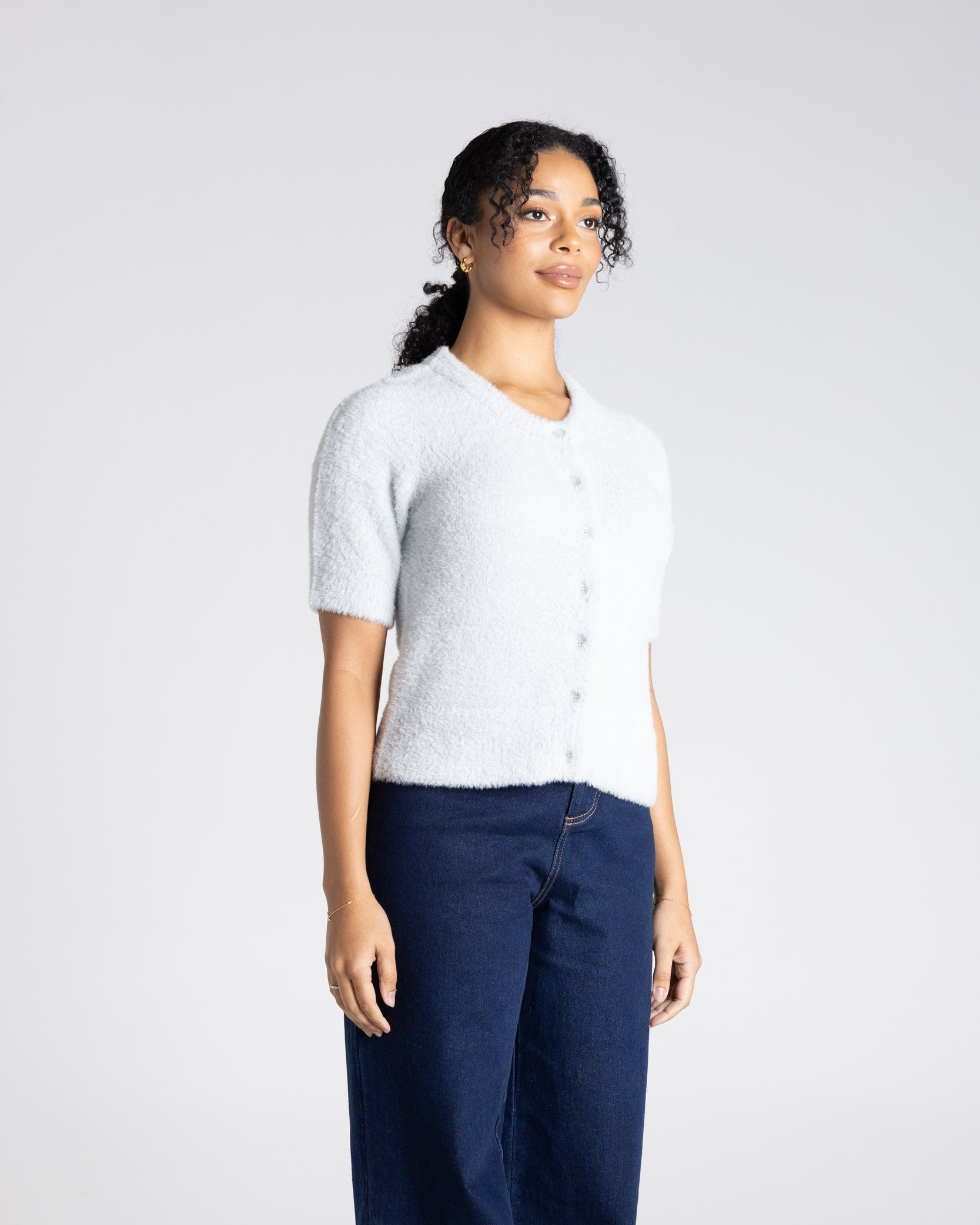 Two T's Fluffy Short Sleeve Knit Cardigan - Silver