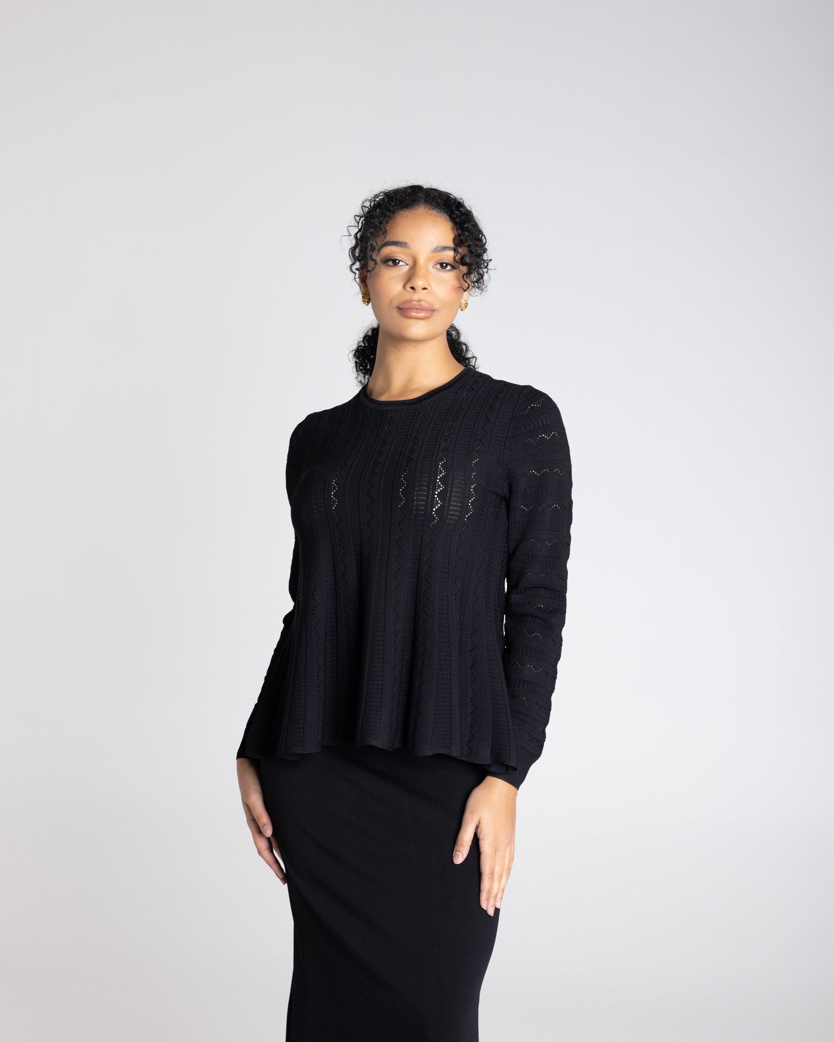 Two T's Milano Pointelle Peplum Top - Black