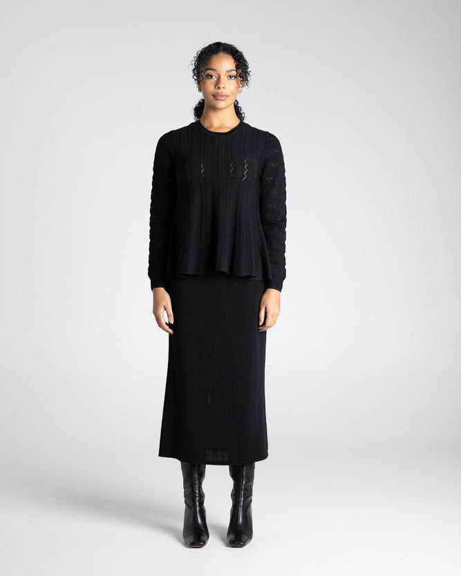 Two T's Milano Pointelle Peplum Top - Black