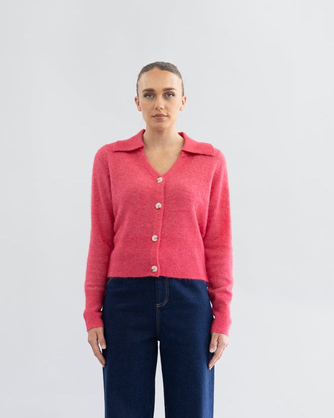 Two T's Polo Fluffy Knit Cardigan - Raspberry