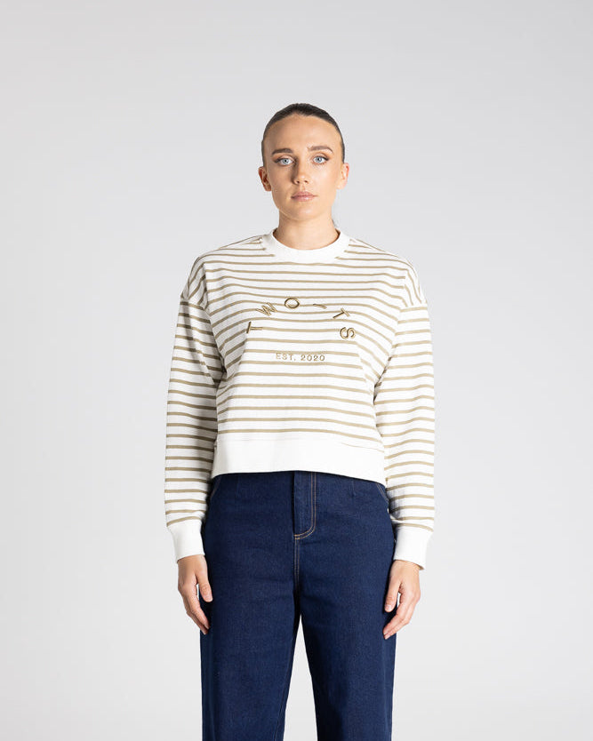 Two T's Stripe Embroidered Logo Sweater - Khaki/White