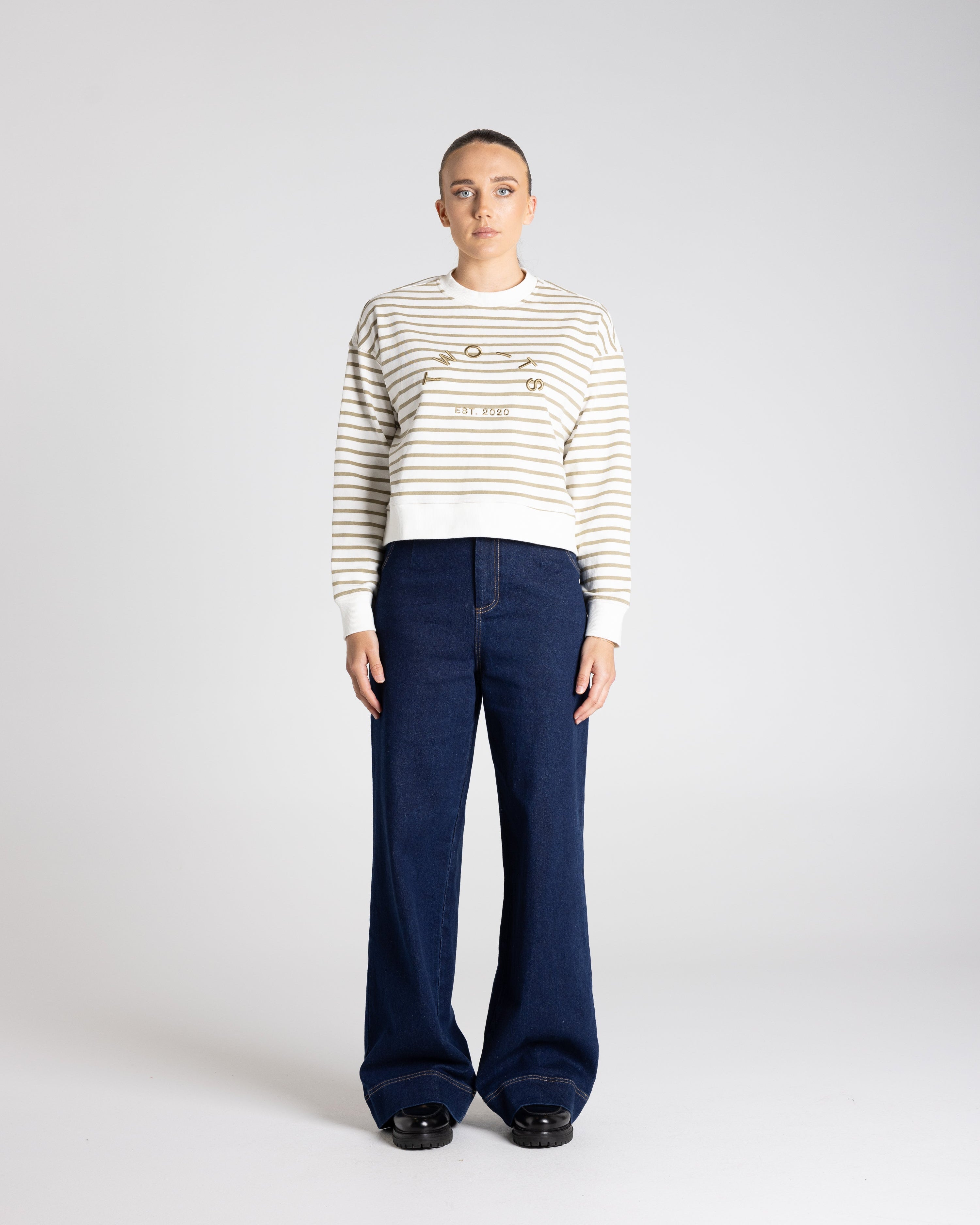 Two T's Stripe Embroidered Logo Sweater - Khaki/White