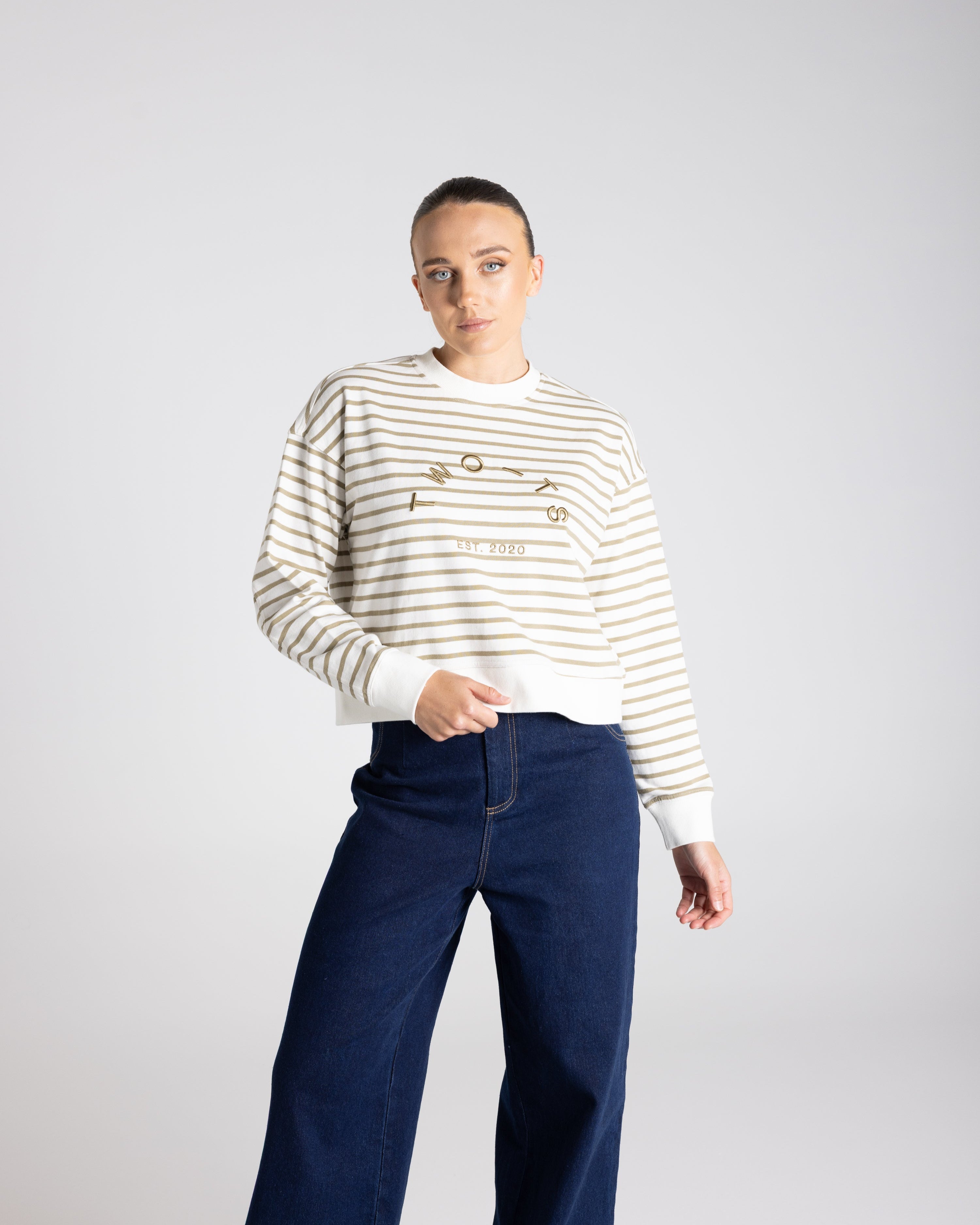 Two T's Stripe Embroidered Logo Sweater - Khaki/White
