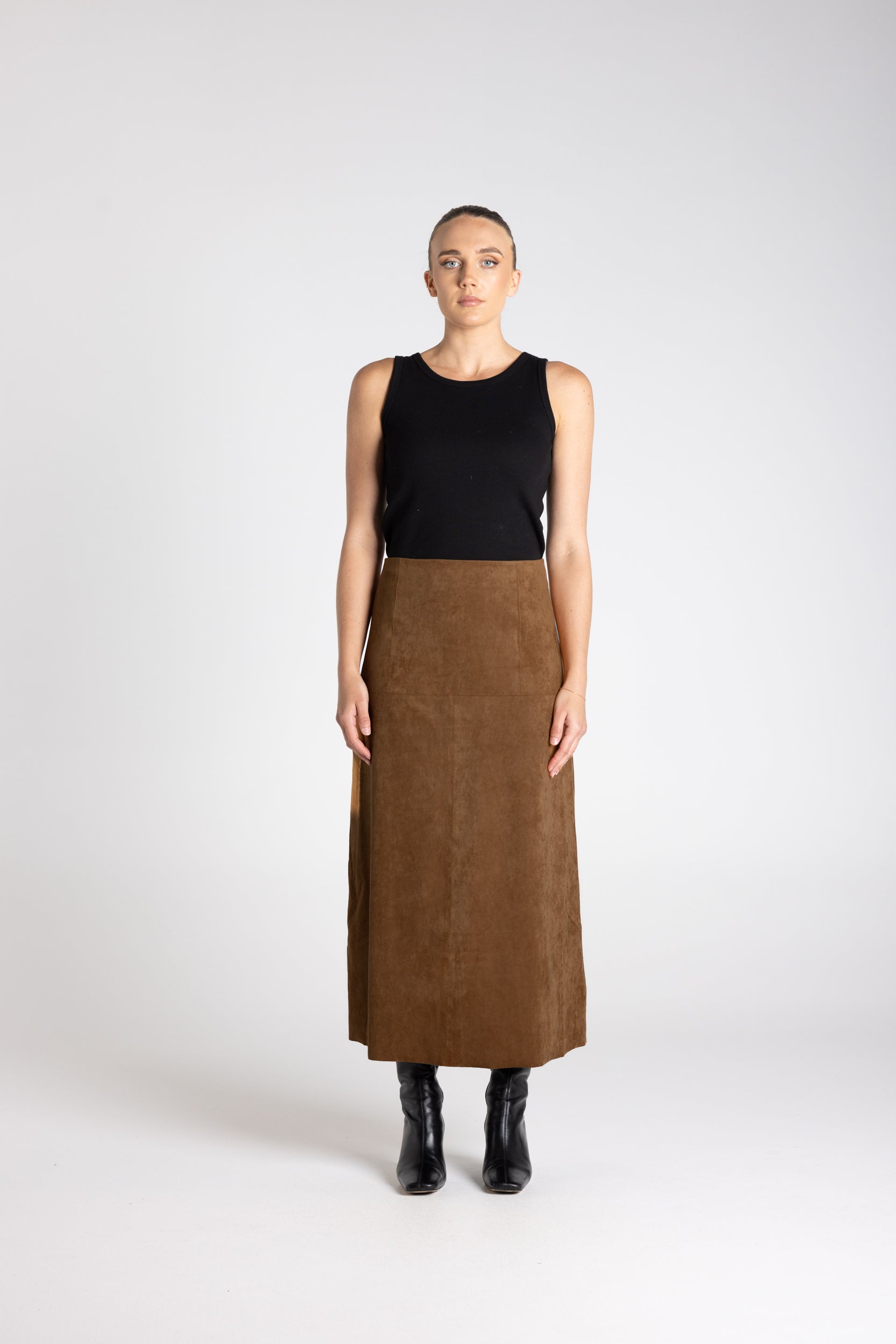 Two T's Faux Suede Midi Skirt - Toffee