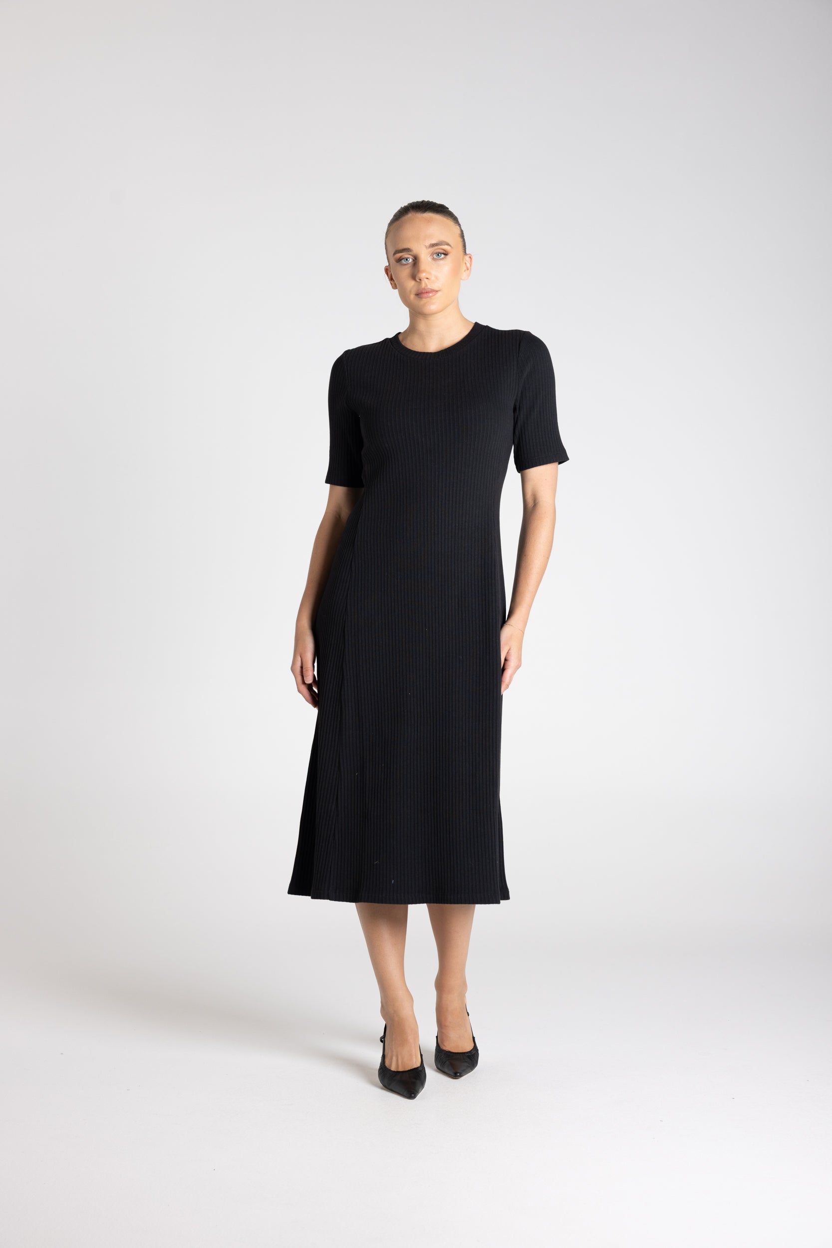 Two T's Rib Knit Midi Dress - Black