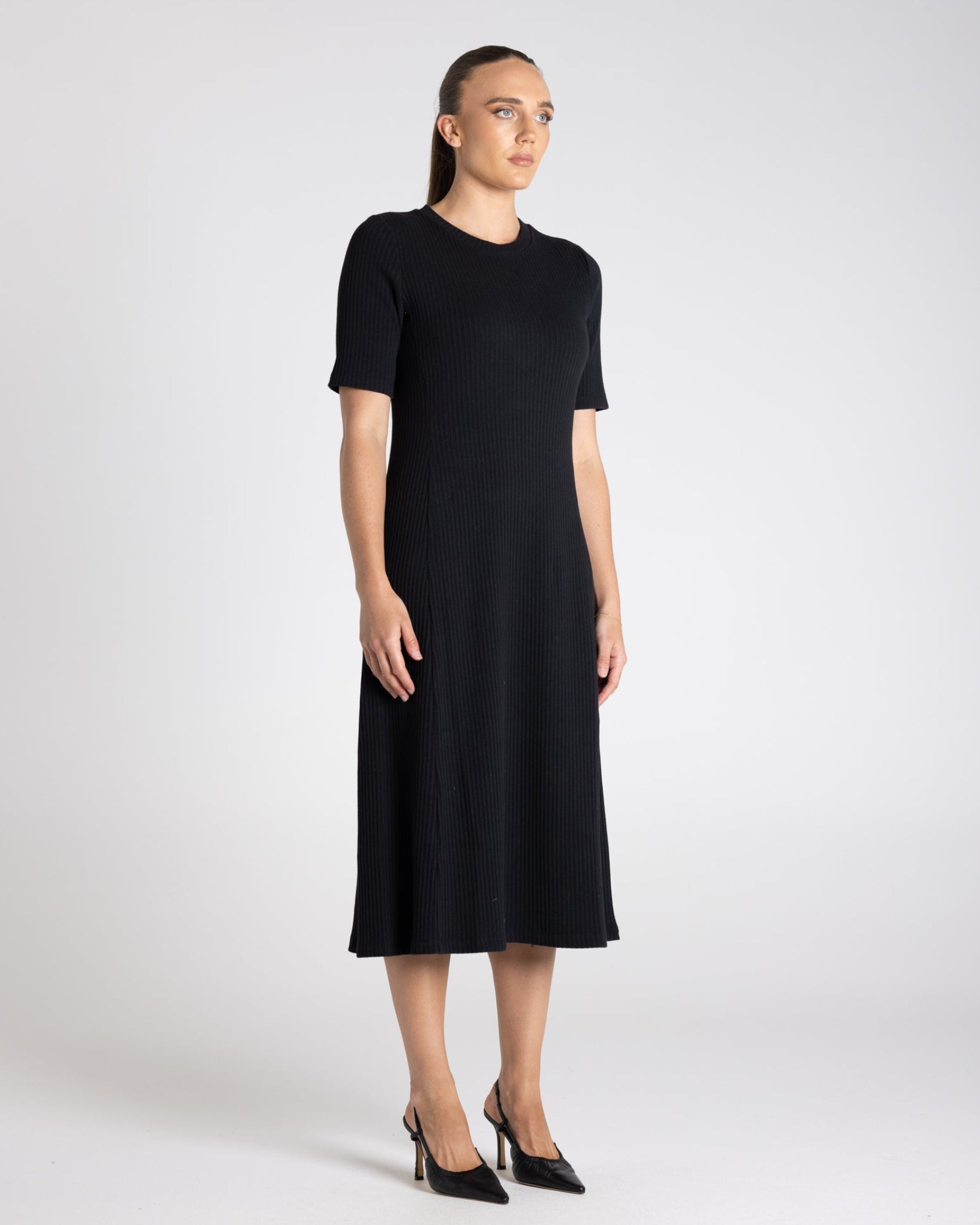 Two T's Rib Knit Midi Dress - Black