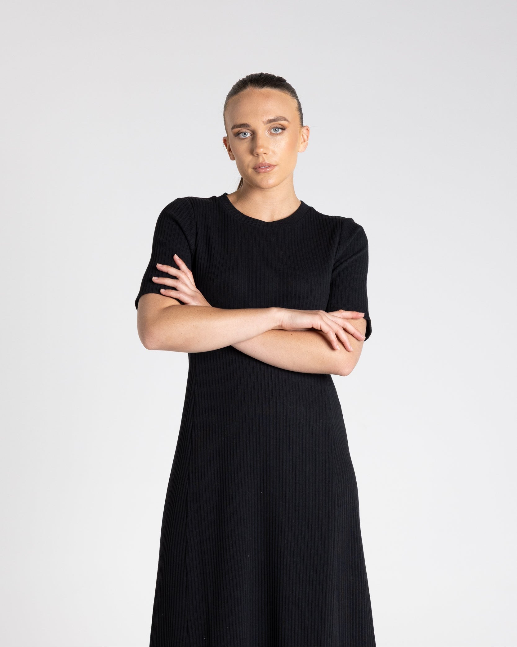 Two T's Rib Knit Midi Dress - Black