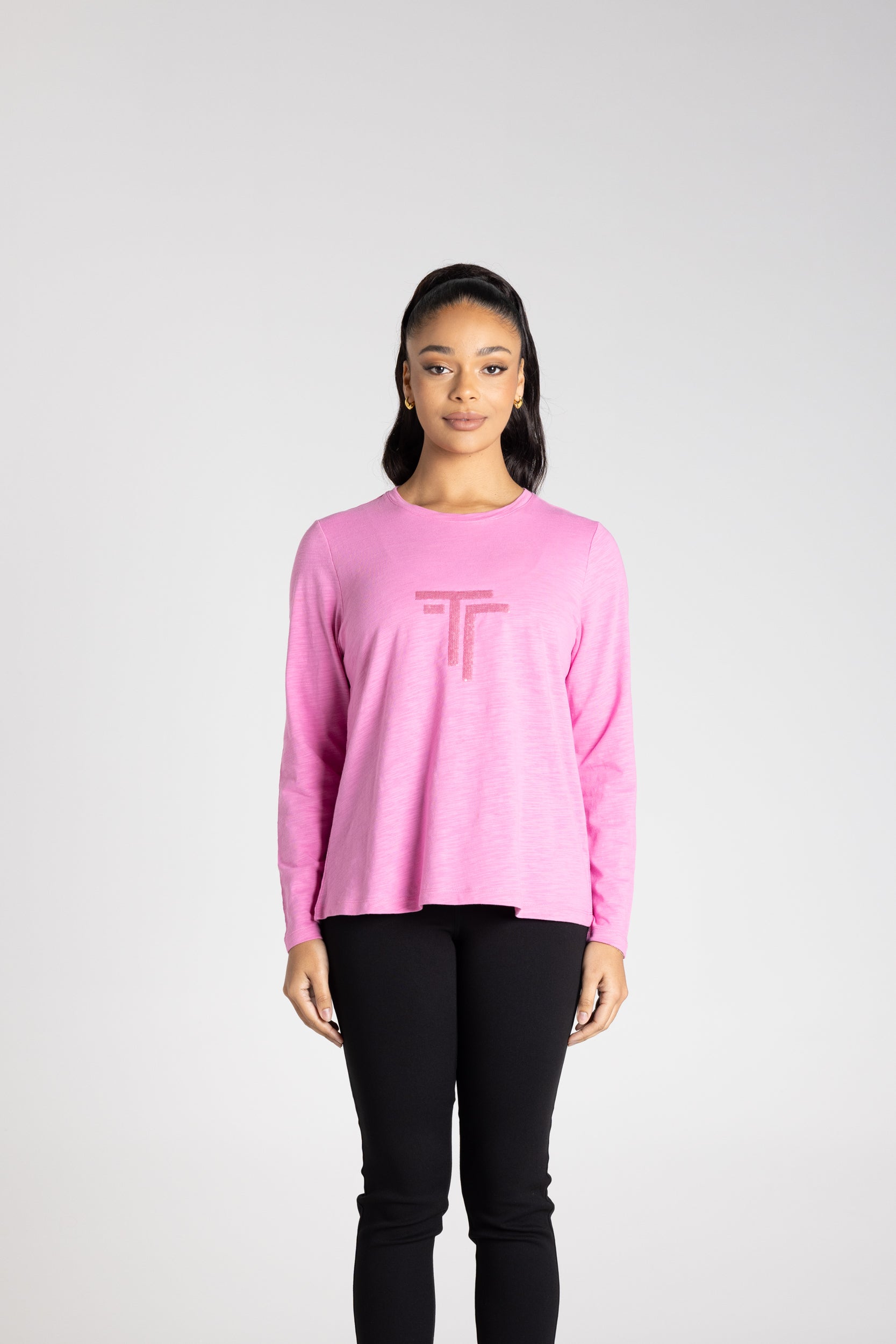 Two T's Long Sleeve Crew Logo Sequins - Ultra Pink