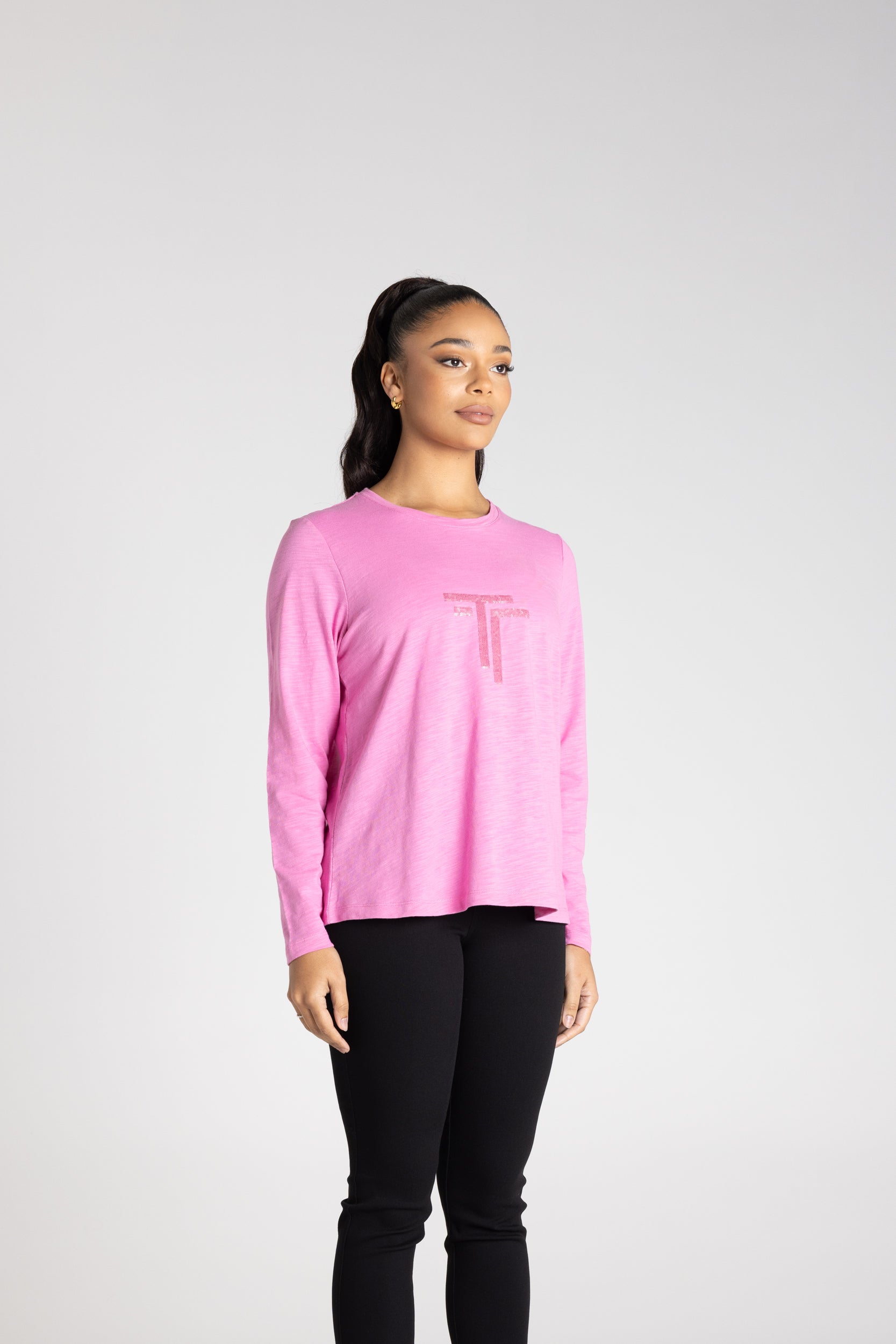 Two T's Long Sleeve Crew Logo Sequins - Ultra Pink