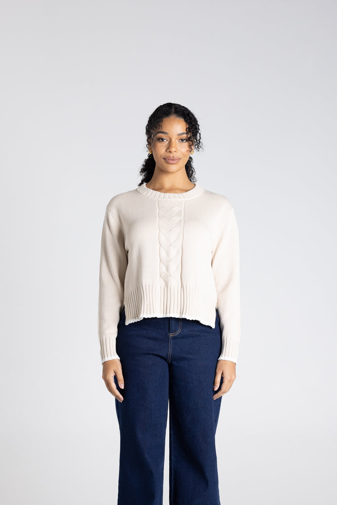 Two T's Cable Knit Trim Edged Jumper - Oat/White Trim