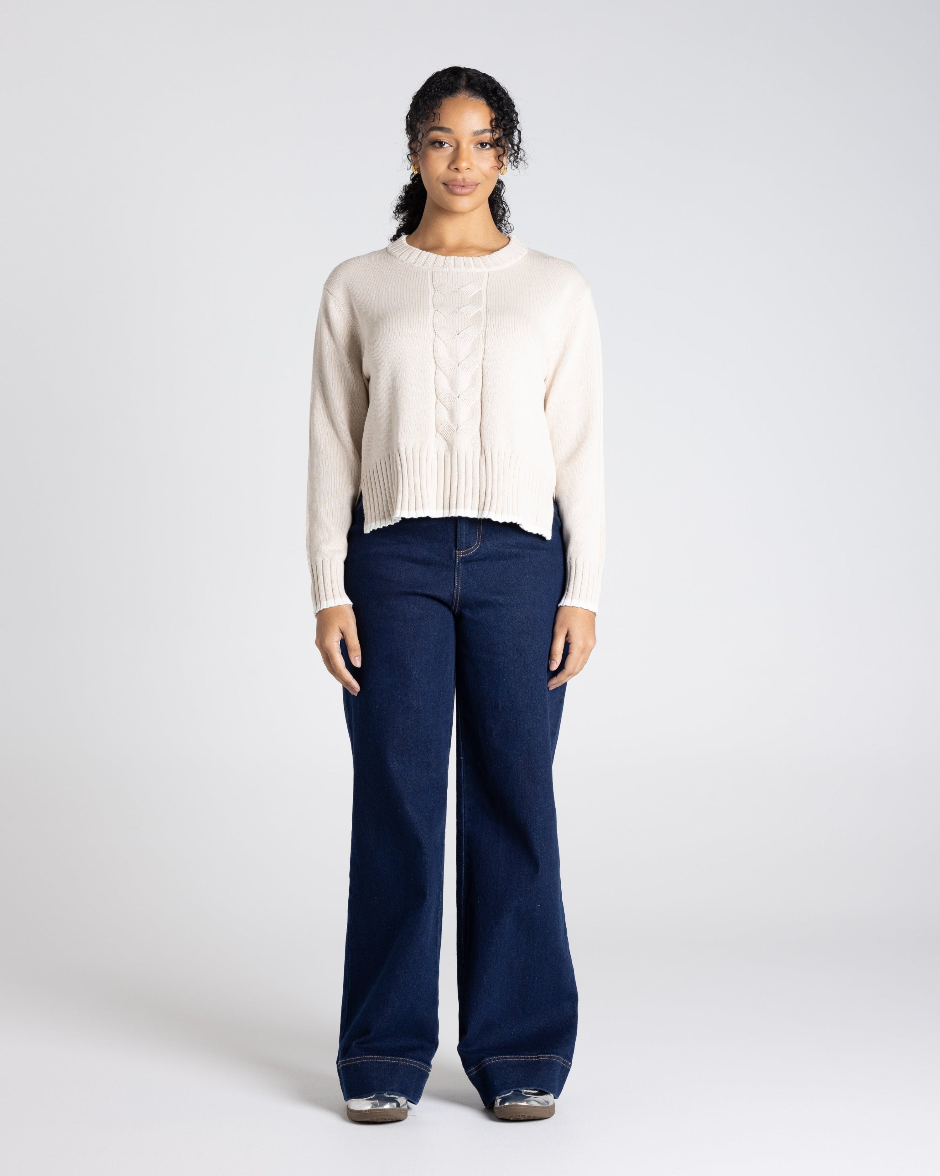 Two T's Cable Knit Trim Edged Jumper - Oat/White Trim