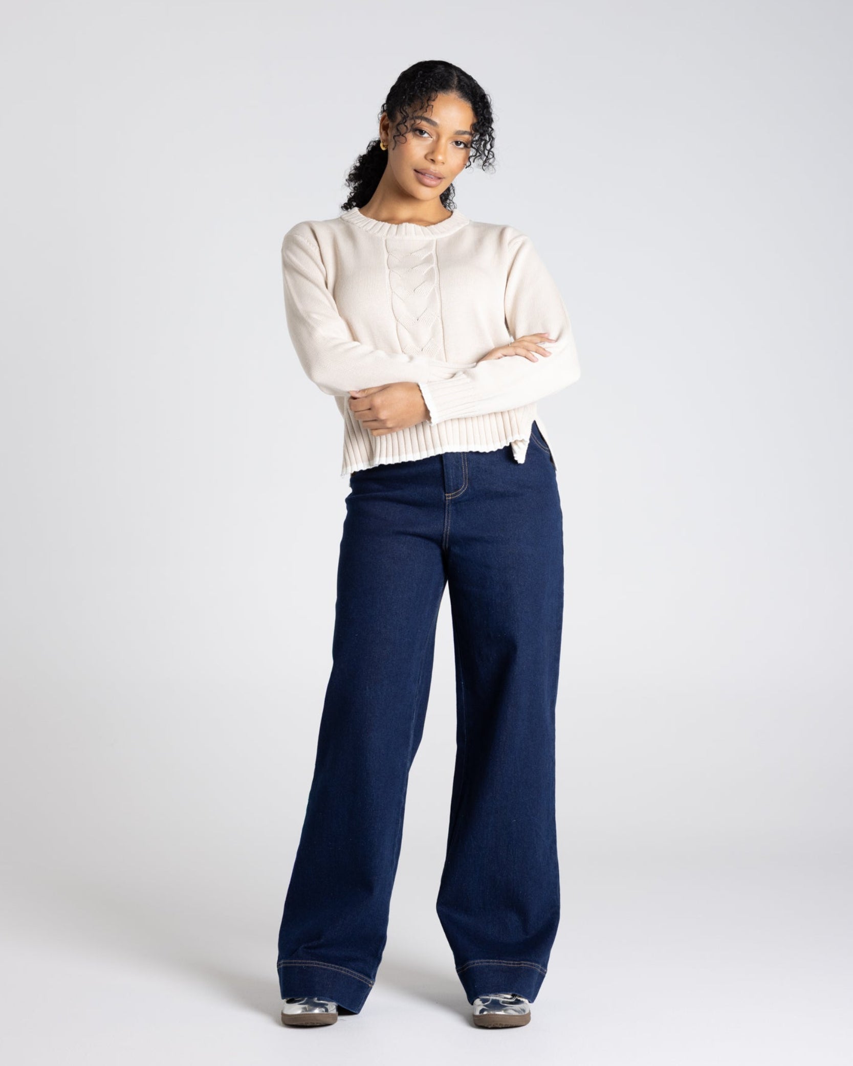 Two T's Cable Knit Trim Edged Jumper - Oat/White Trim