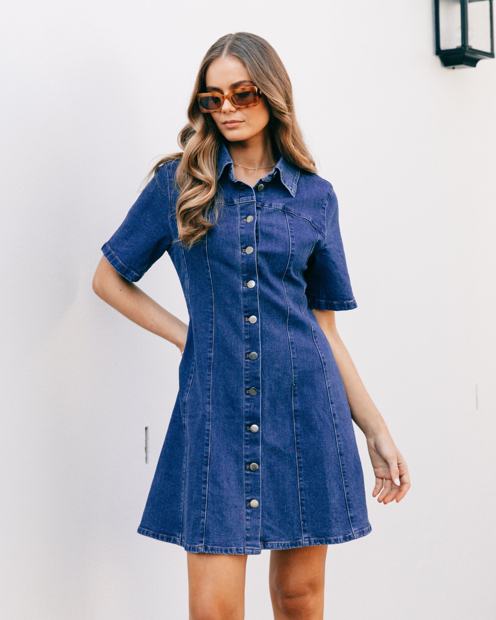 Ebby & I Denim Mini Dress - Mid Blue