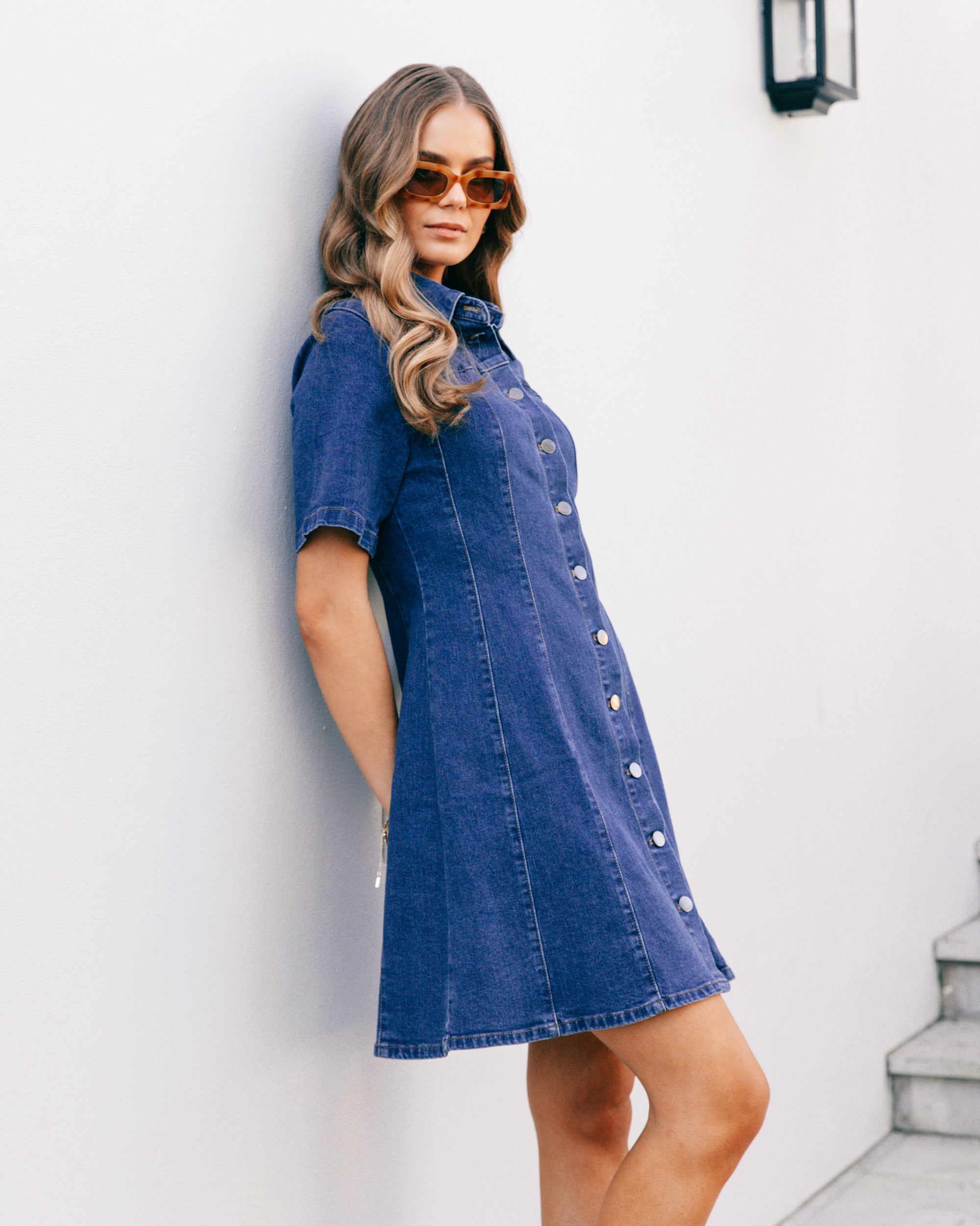 Ebby & I Denim Mini Dress - Mid Blue