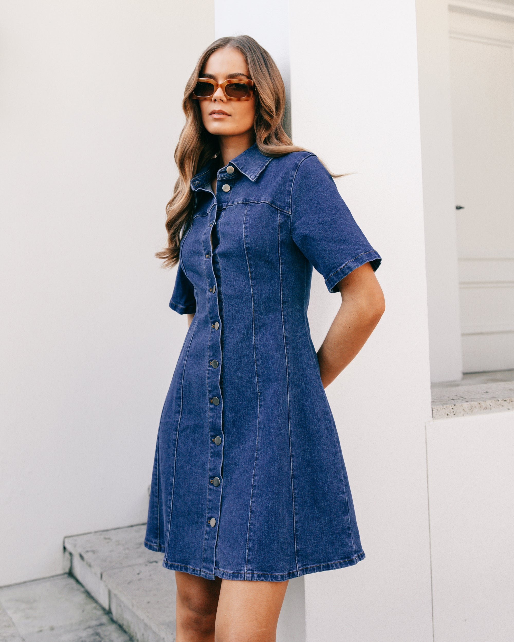 Ebby & I Denim Mini Dress - Mid Blue